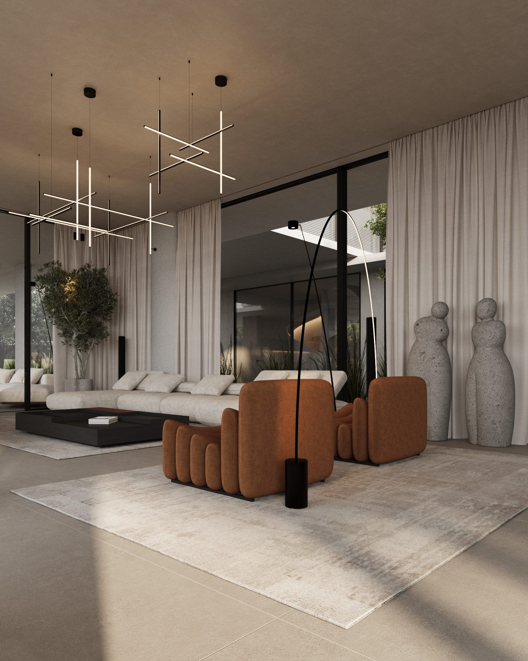 Furniture composition with terracotta modules, black geometric frame and pendant light