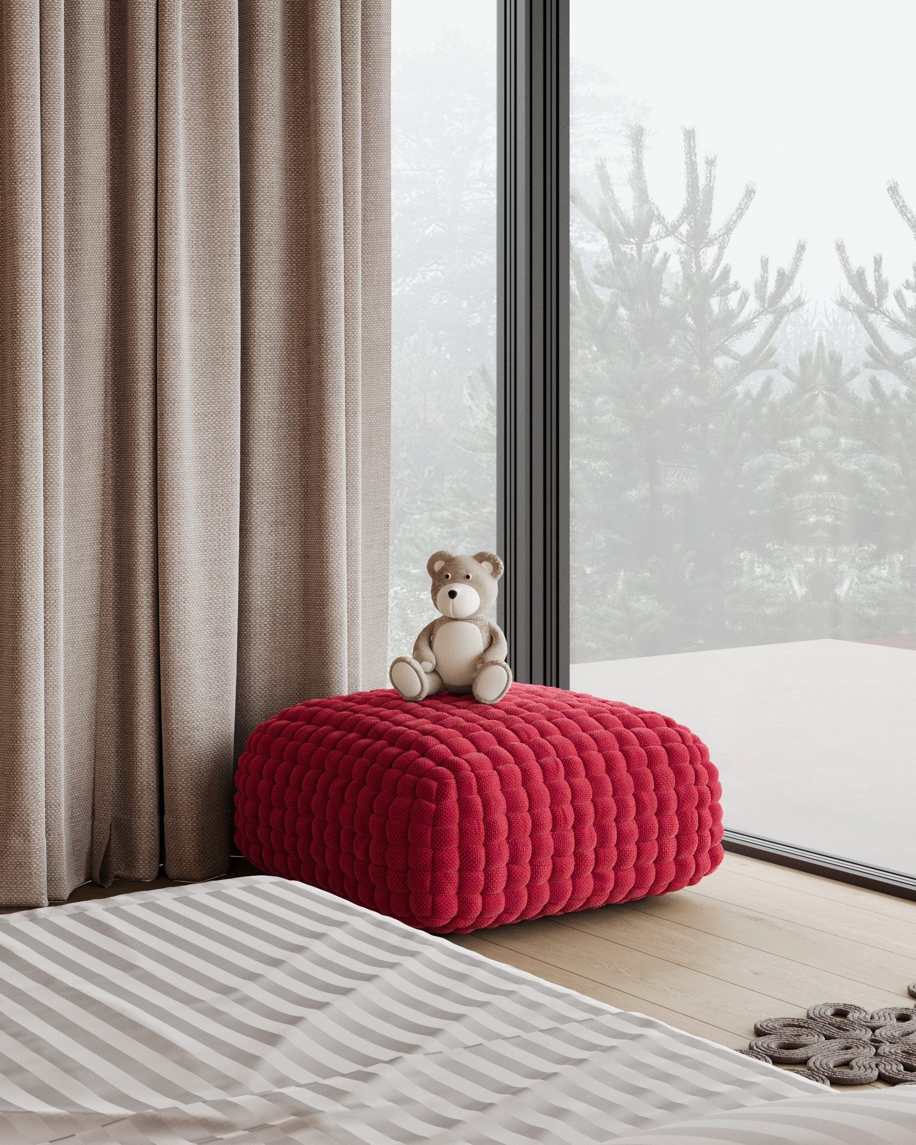 Bedroom with red textile bench and panoramic view
