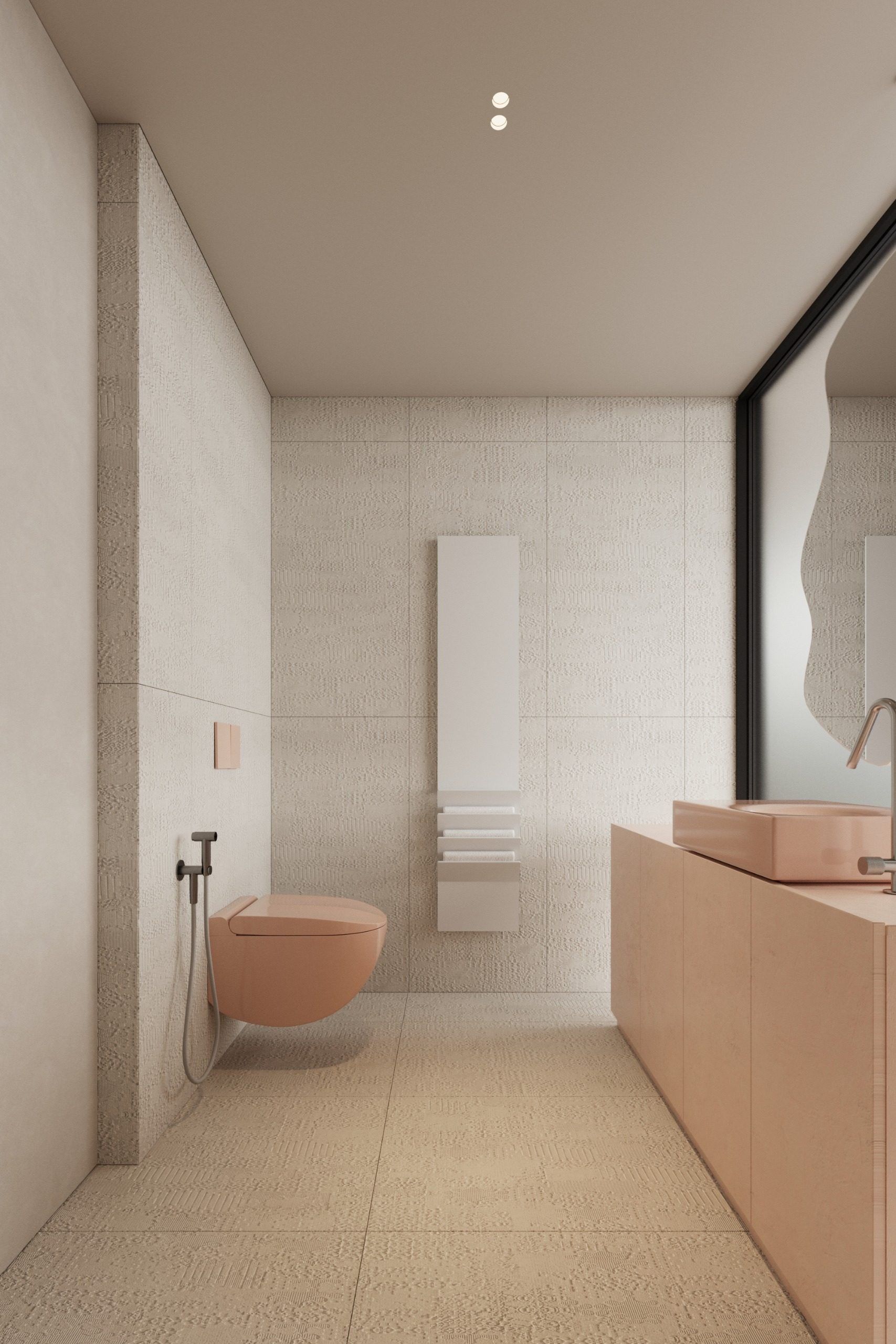 Bathroom with terracotta vanity, white tiles and towel rail