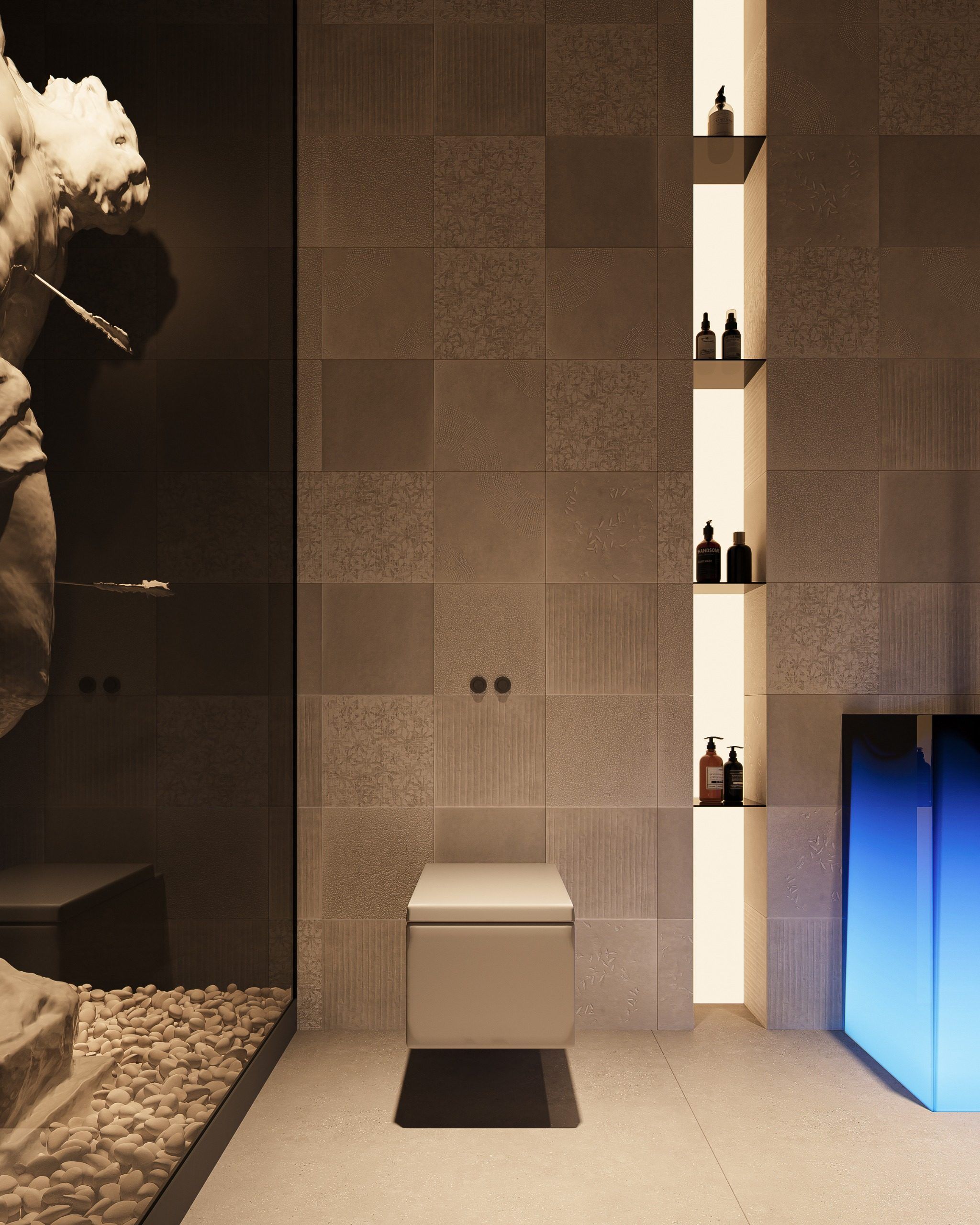 Bathroom with ceramic tiles, built-in niche and accent lighting