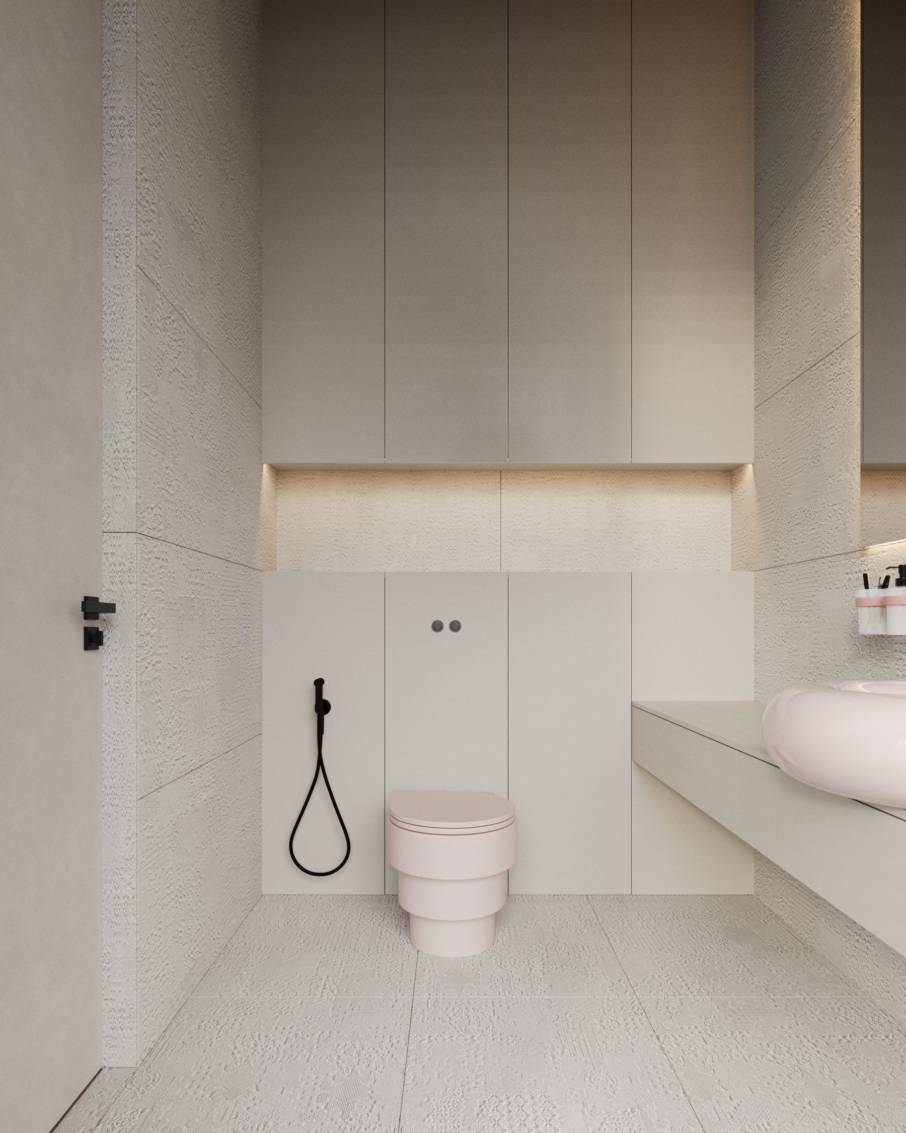 Toilet room with built-in cabinets and storage niche