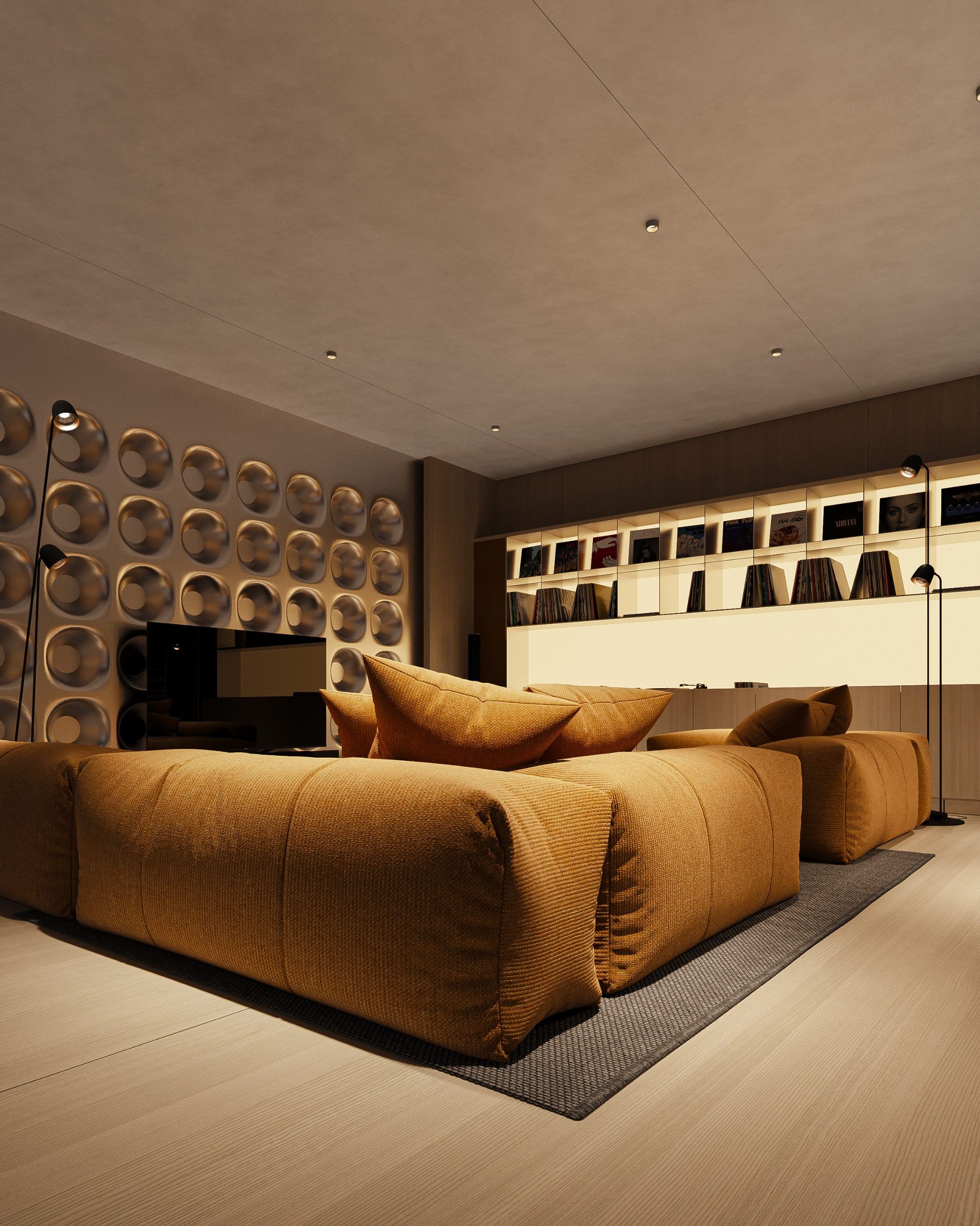 Media space with golden sofa, glass modular shelving and wood flooring