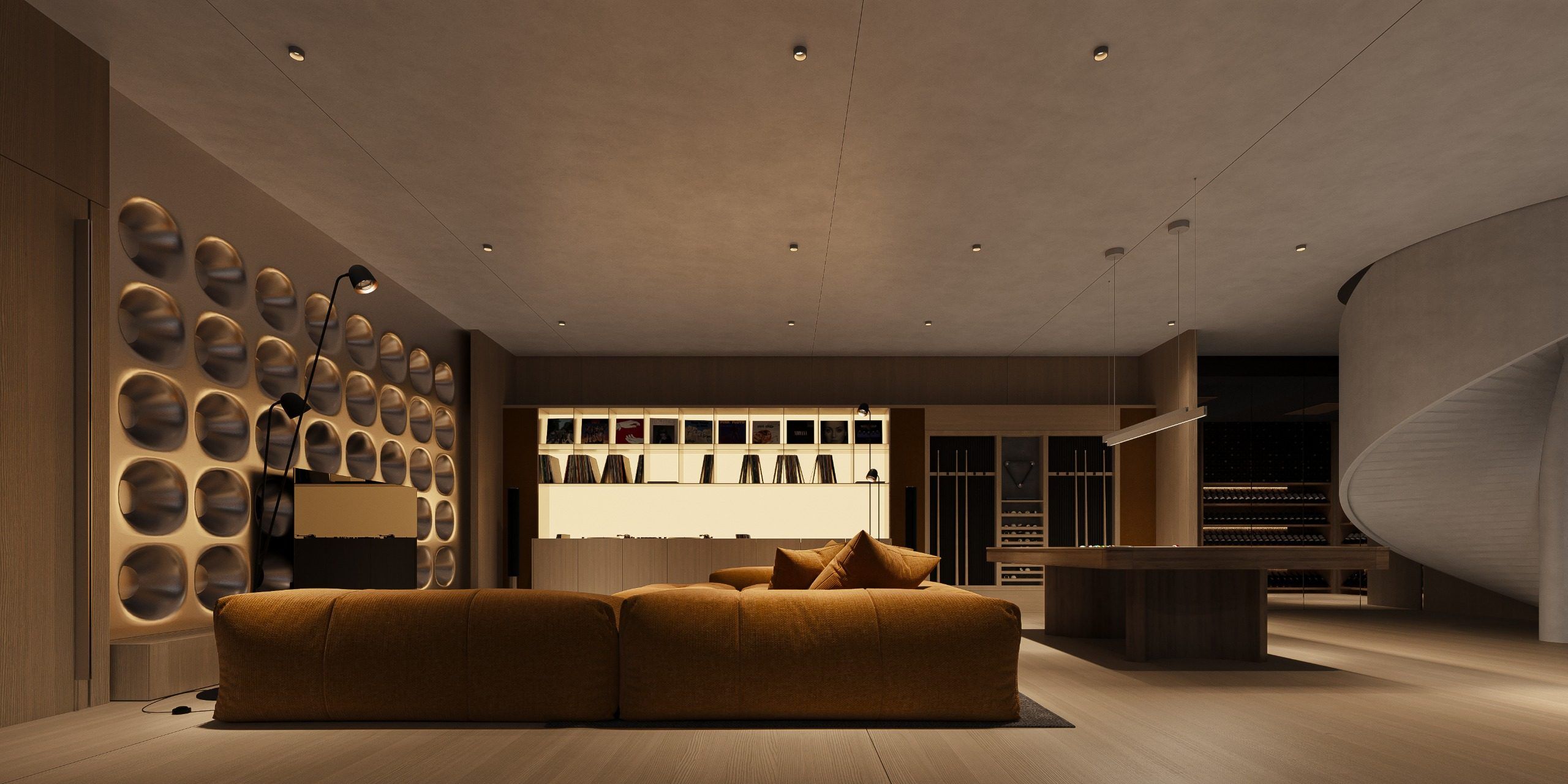 Integrated storage with round niches, lighting and music equipment