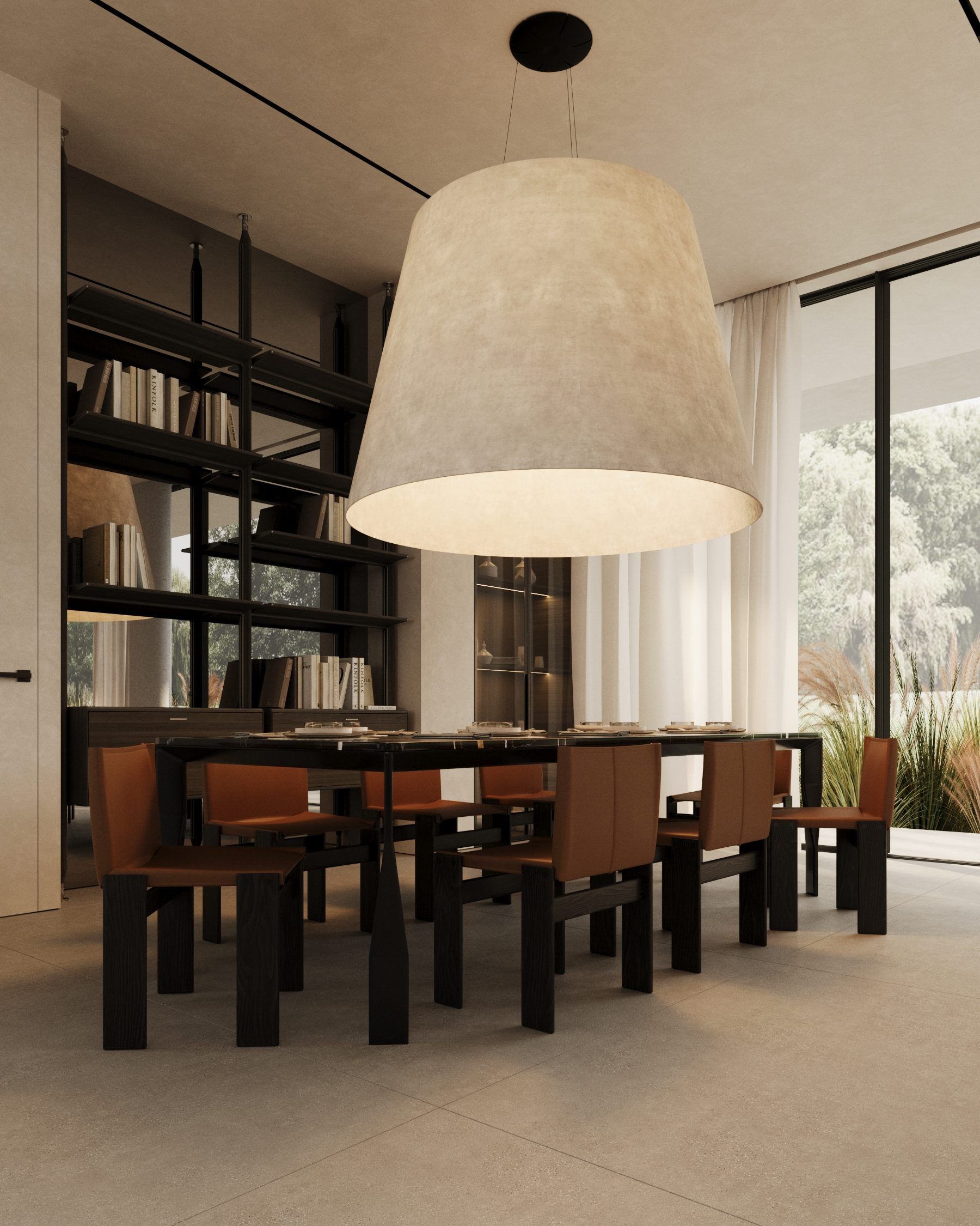 Dining table with black chairs under textured plaster pendant lamp