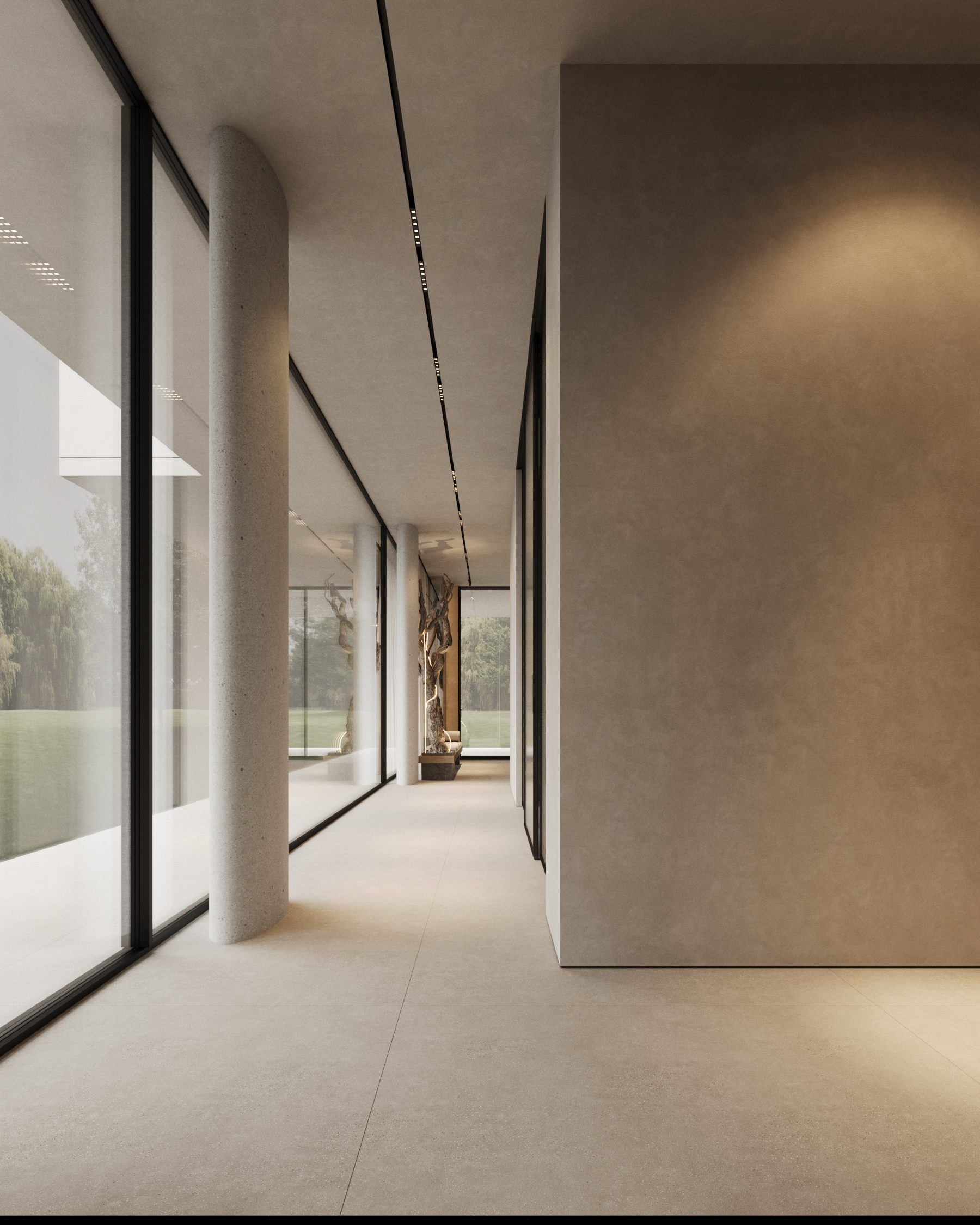 Transition space with glazing and minimalist walls