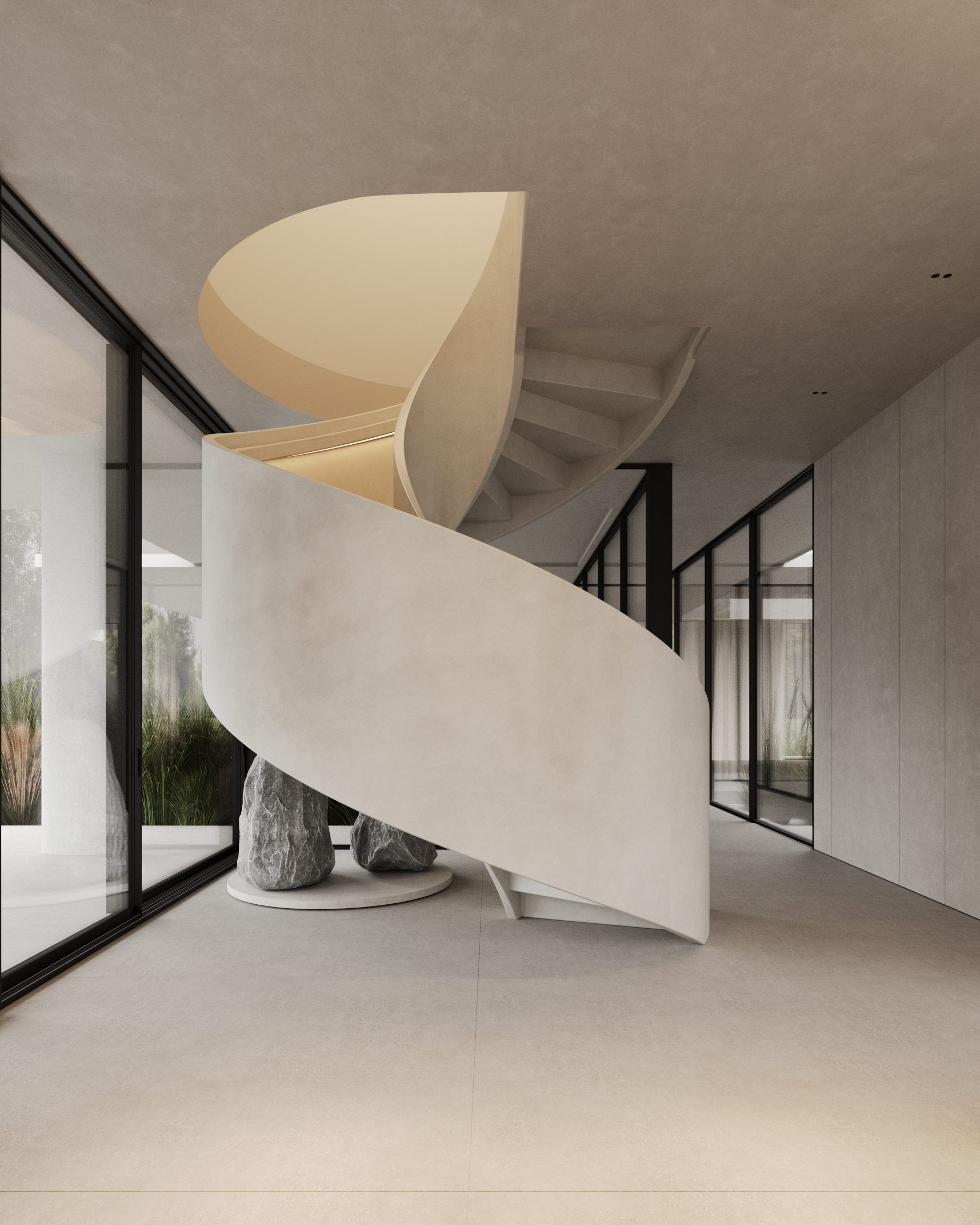 Geometric spiral staircase with wooden and white detailing