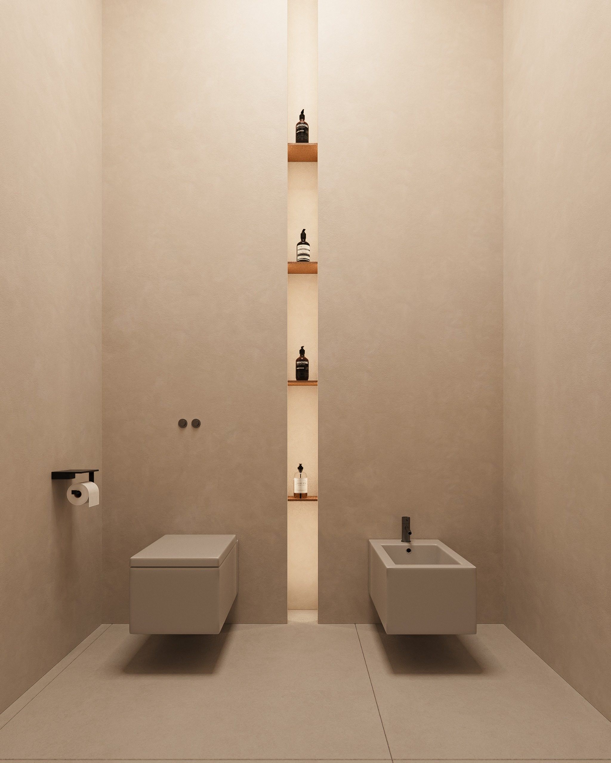 Toilet room with vertical light line and floating sanitary fixtures