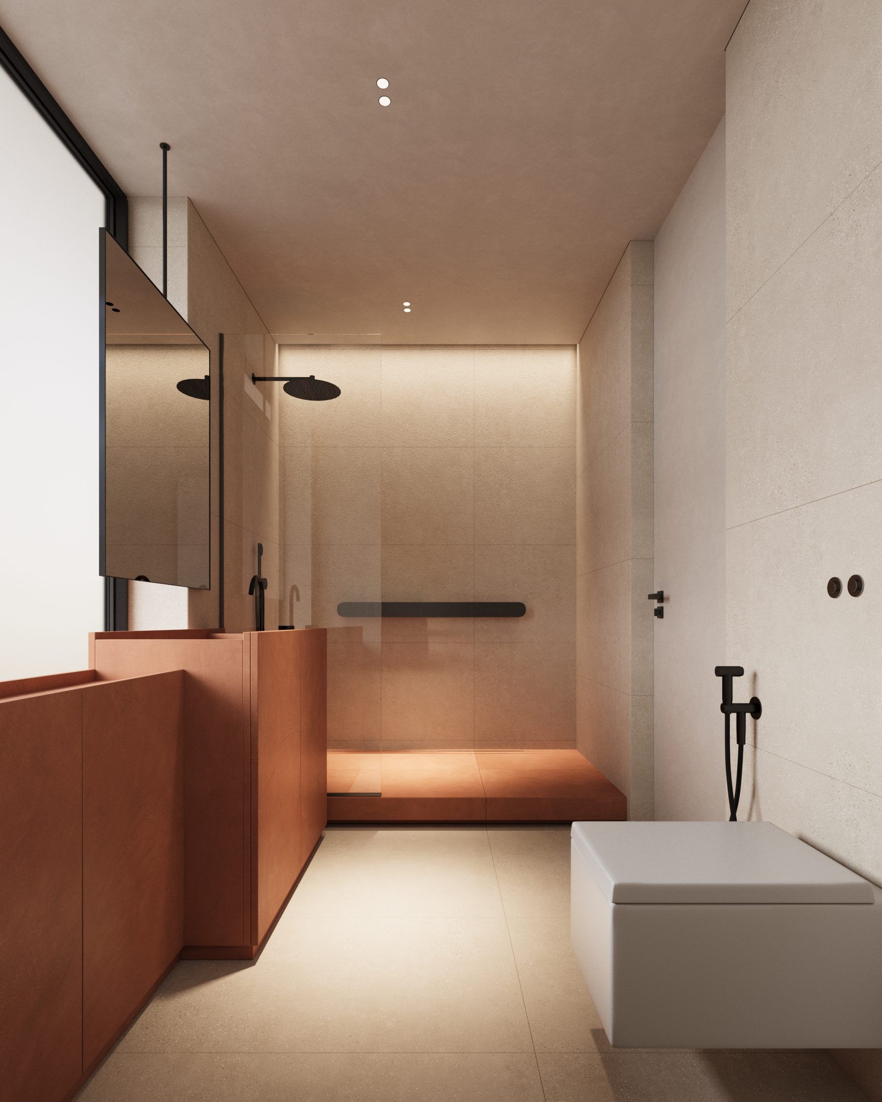 Bathroom with terracotta vanity, recessed toilet and shower
