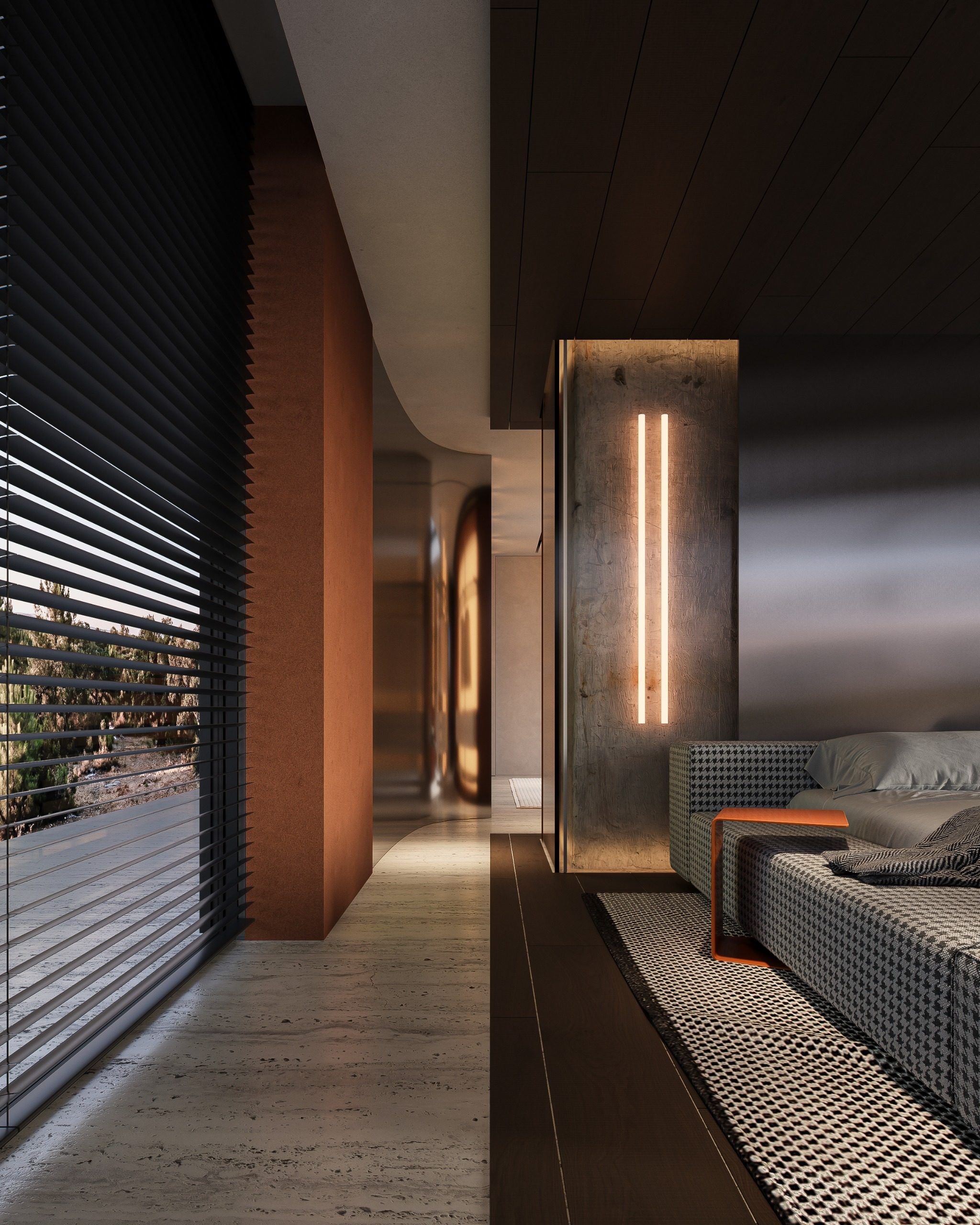 Living room with orange columns, vertical blinds and outdoor views