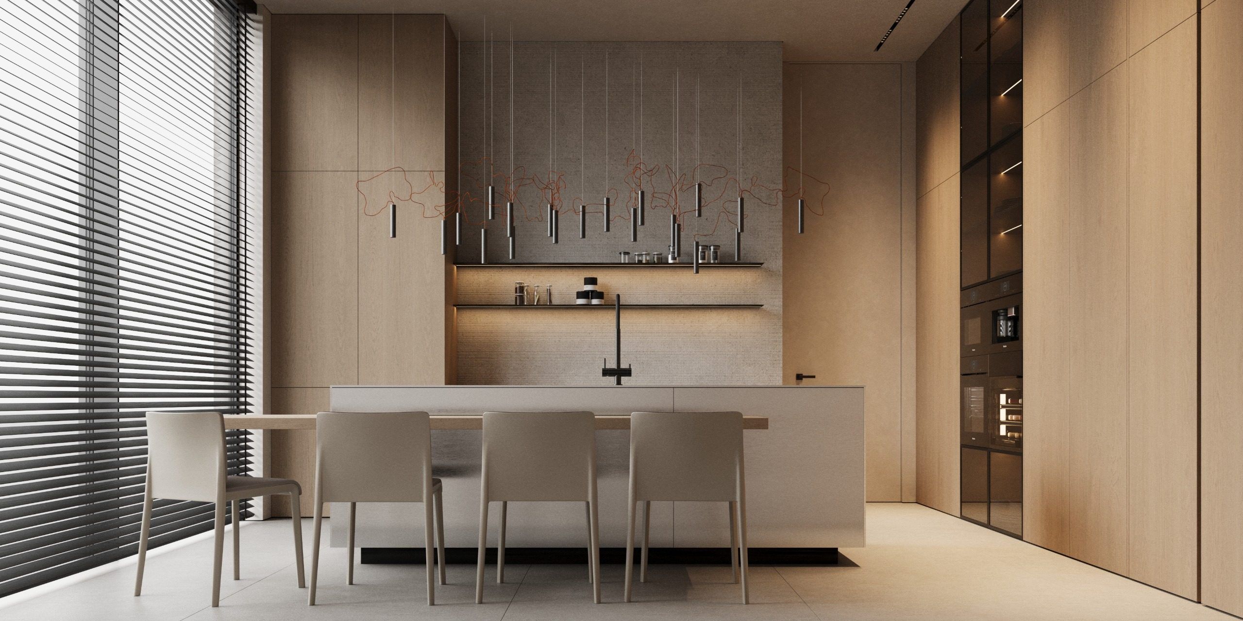 Kitchen-dining with wooden chairs, open shelving above counter