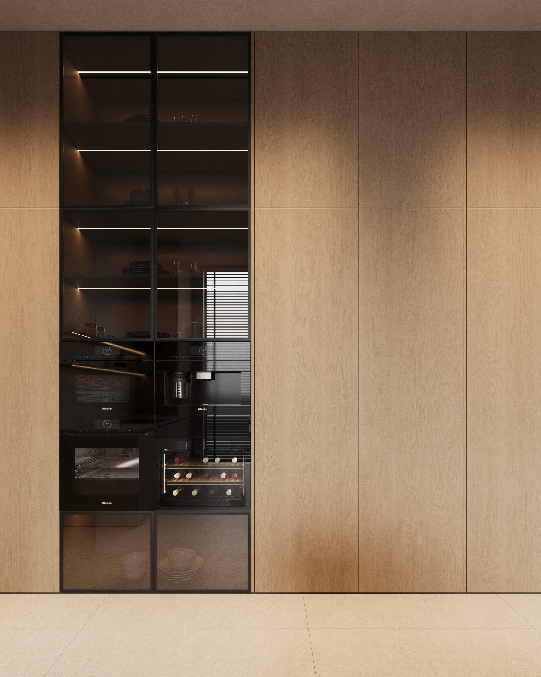 Built-in cabinet with glass fronts and black frame