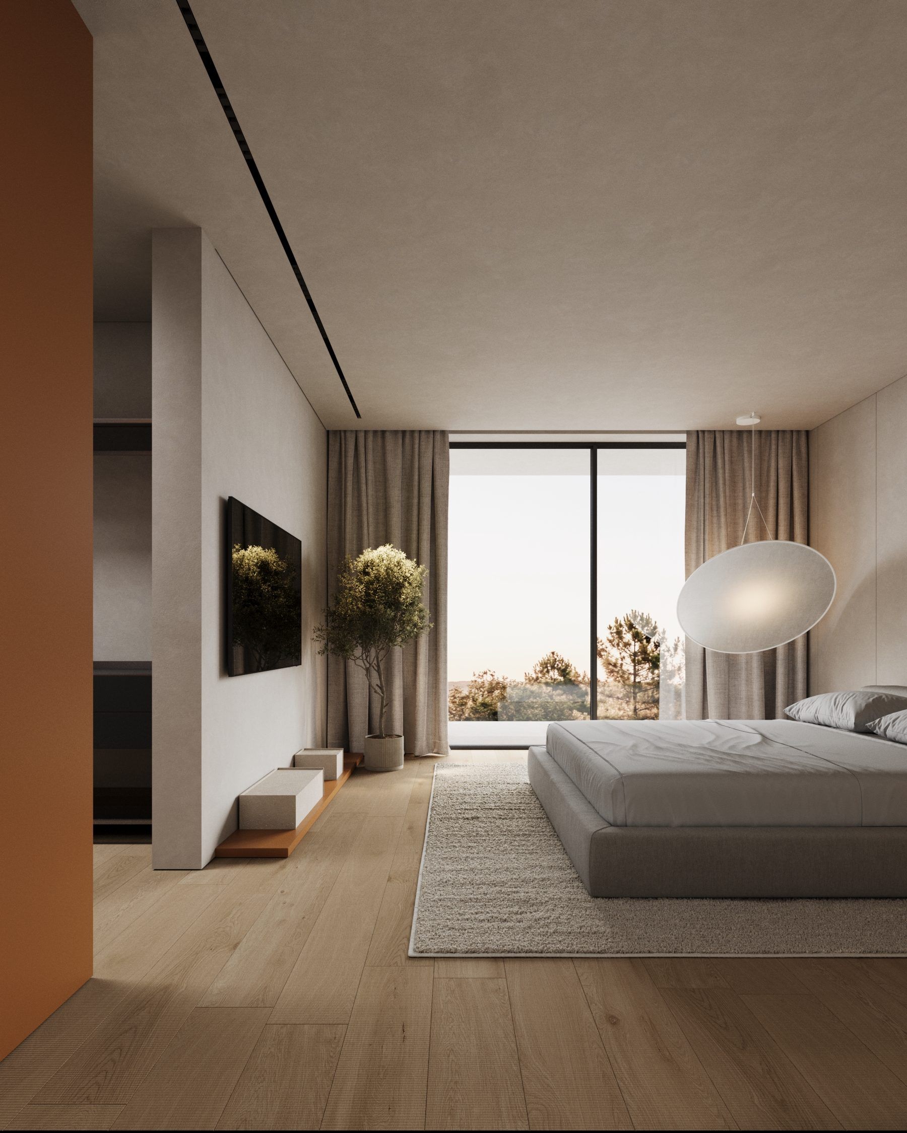 Bedroom with terracotta accent wall, bed, pendant light and sunset view through windows