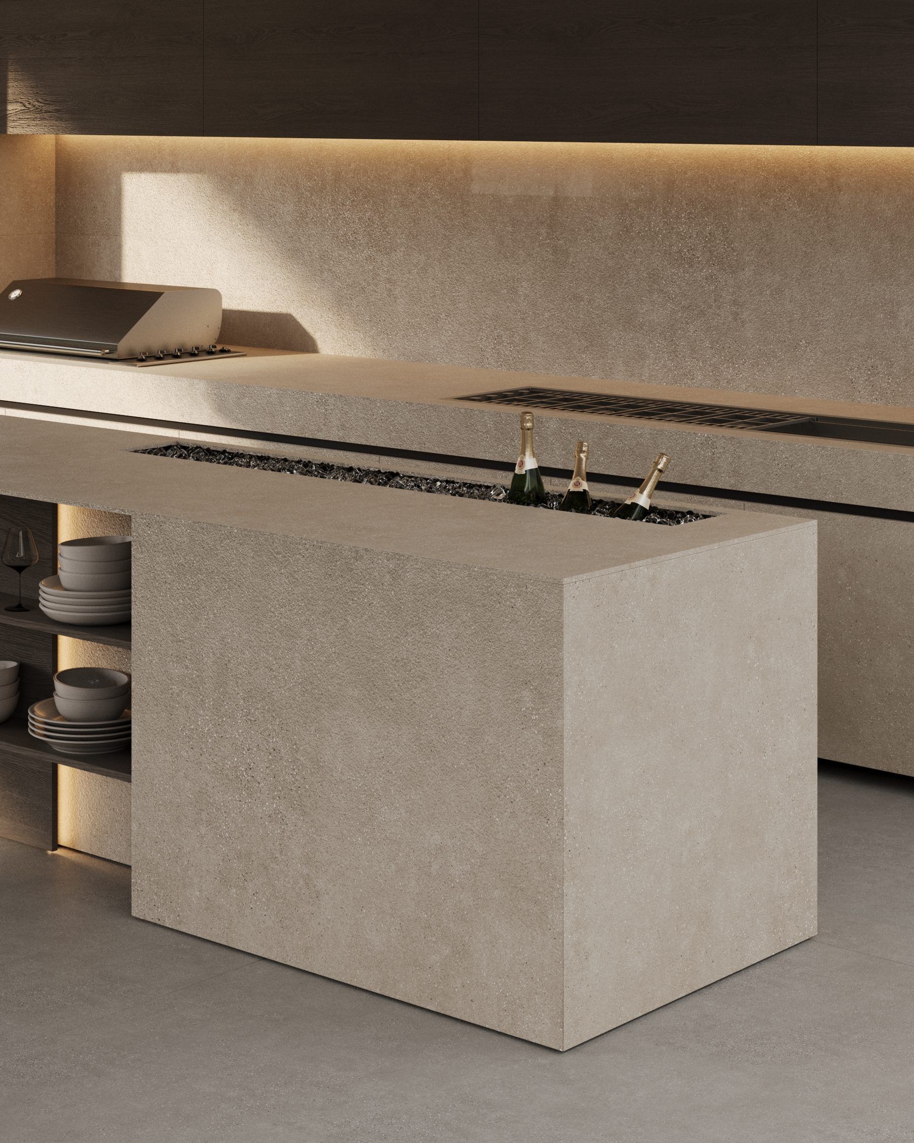 Light concrete kitchen island with black countertop