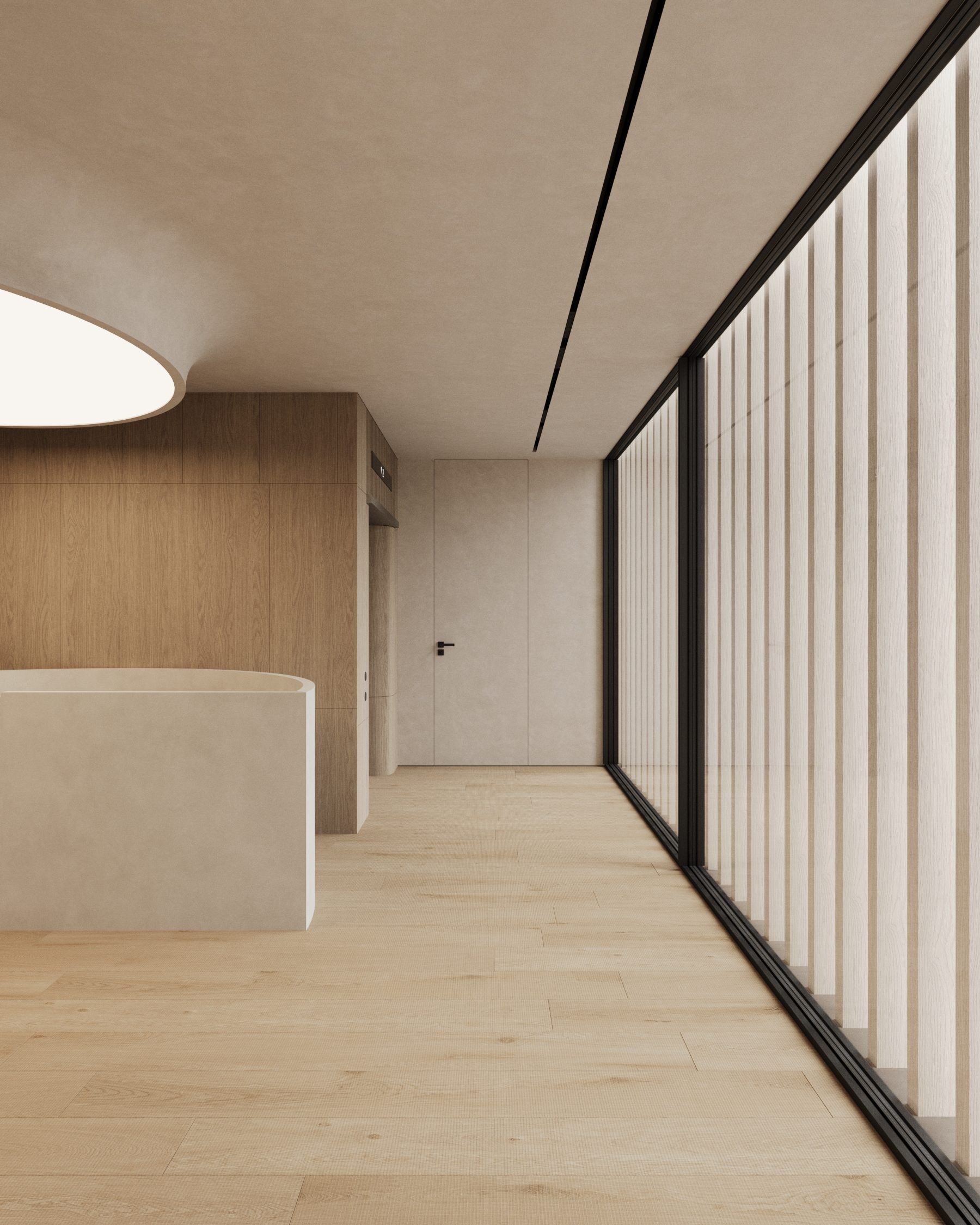 Corridor with wooden panels, white doors and linear lighting