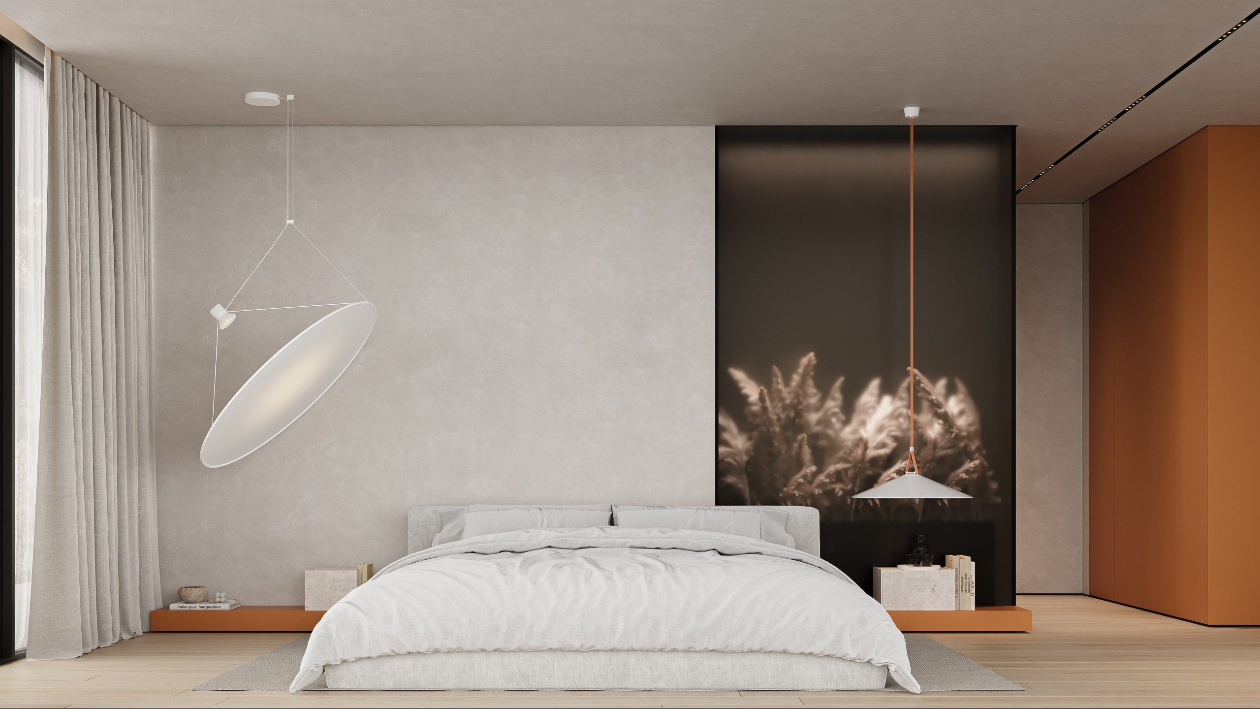Bedroom with bed, black accent wall and terracotta panel