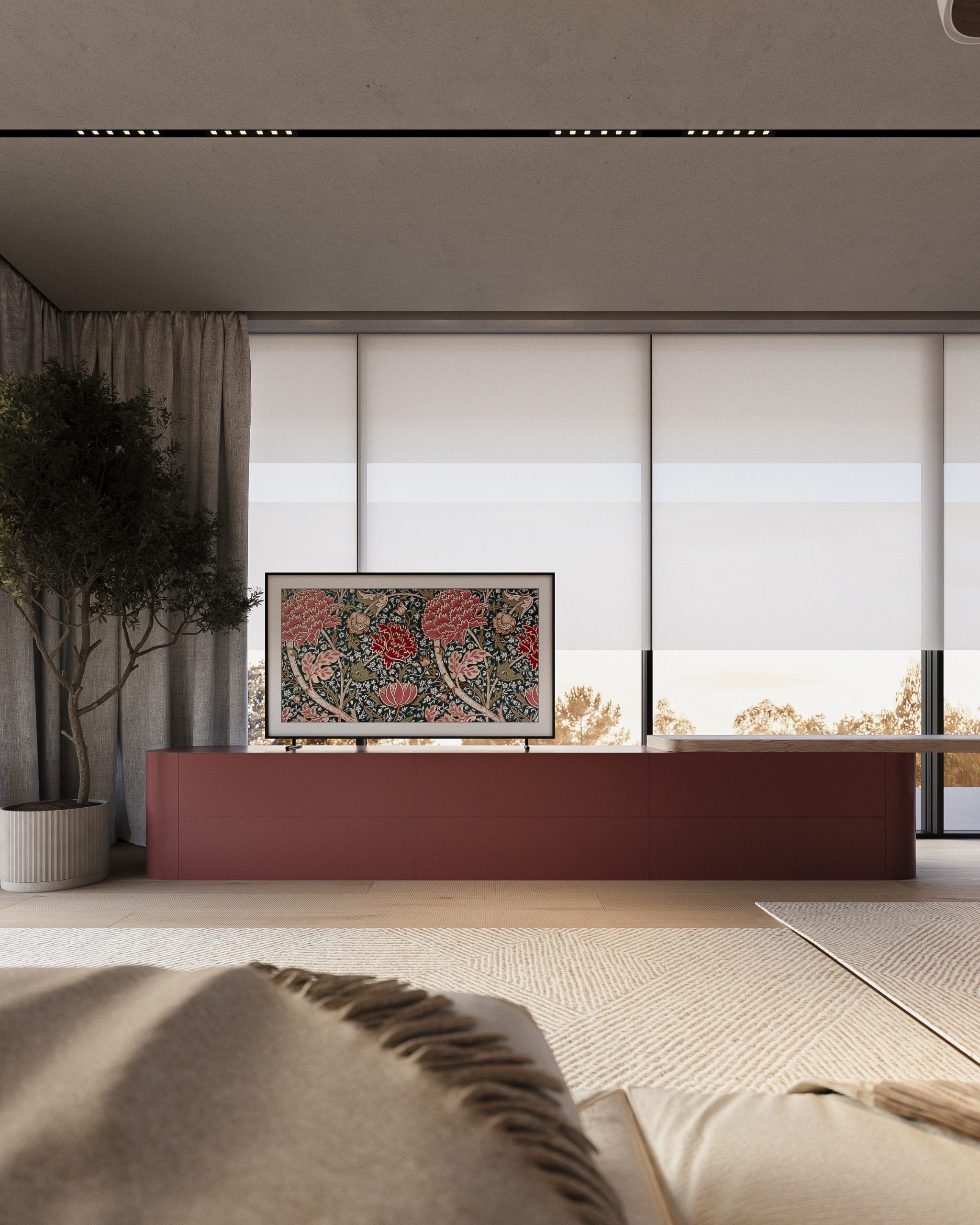 Bedroom with terrace access, plant and artwork above panel