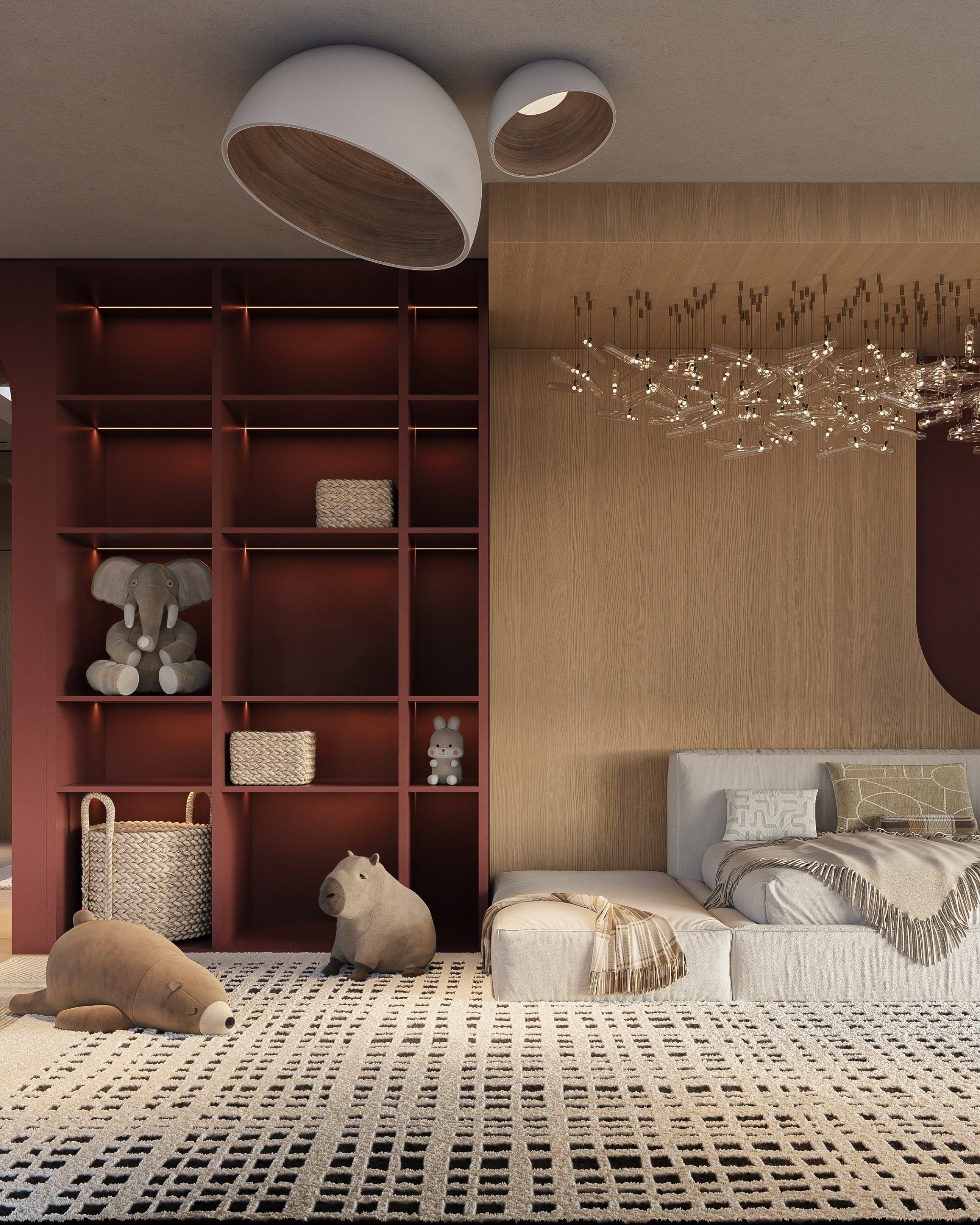 Bedroom with burgundy shelving unit, bed and pendant lamps above sleeping area