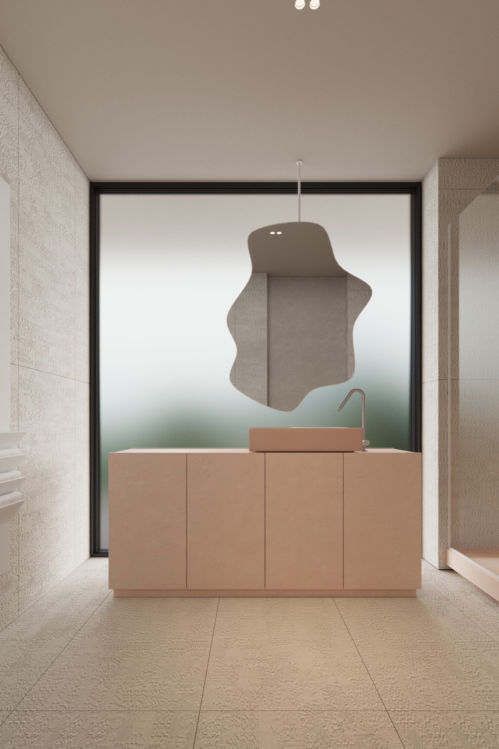 Dressing room with oak chest of drawers and frosted mirror