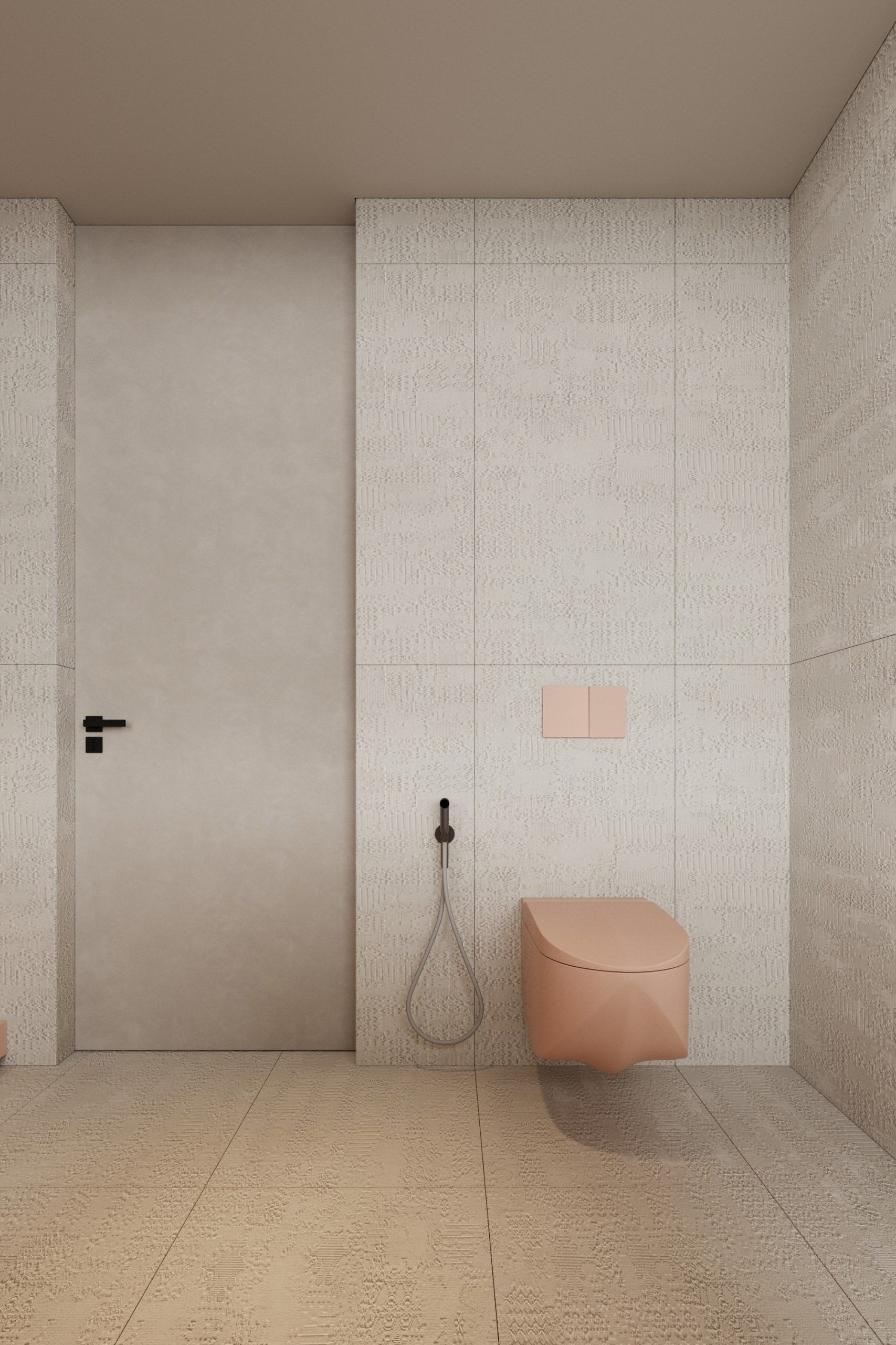 Bathroom with white tiles, terracotta pouf and door