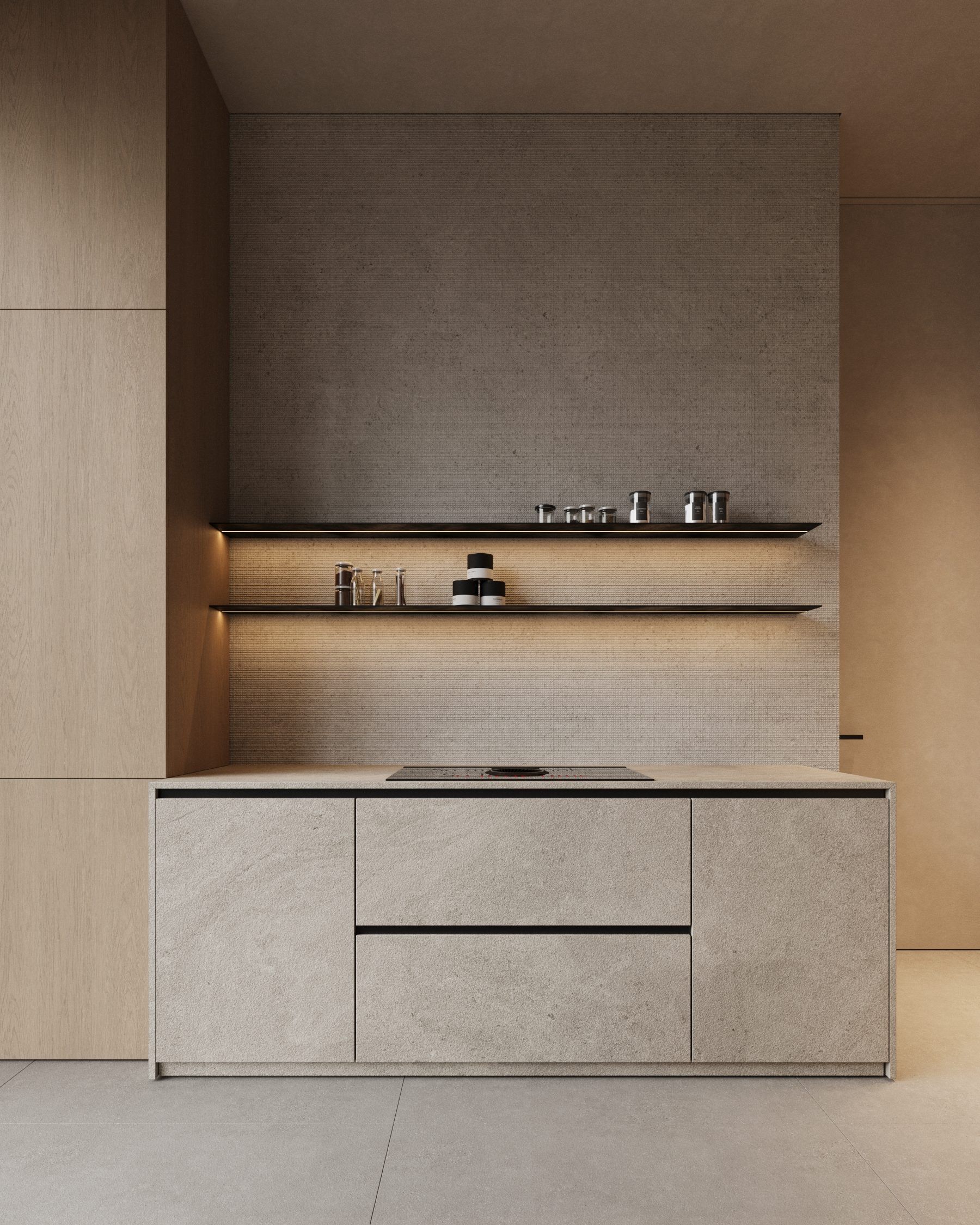 Built-in kitchen with open shelves and integrated appliances