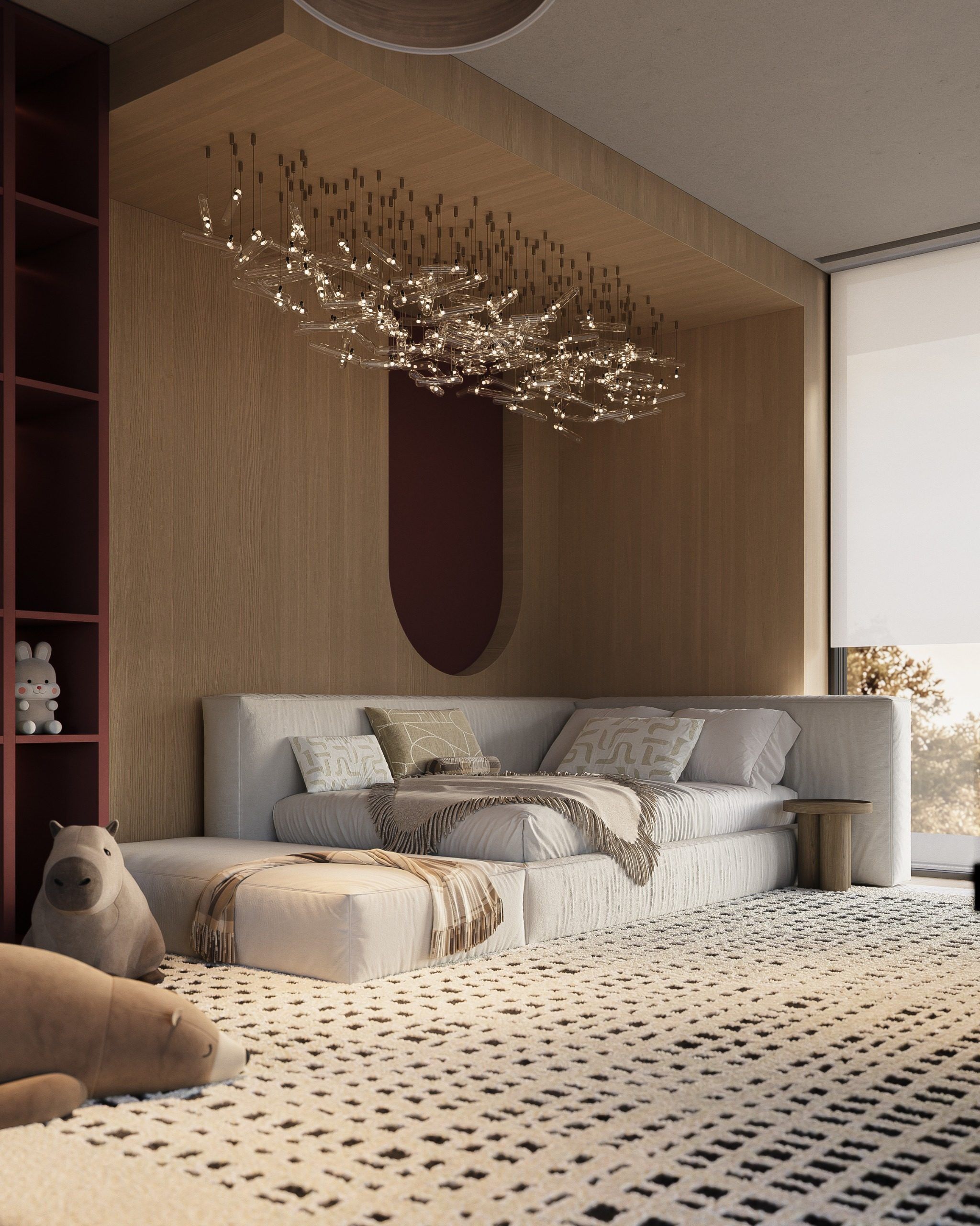 Bedroom with wood paneling, branch chandelier and bed