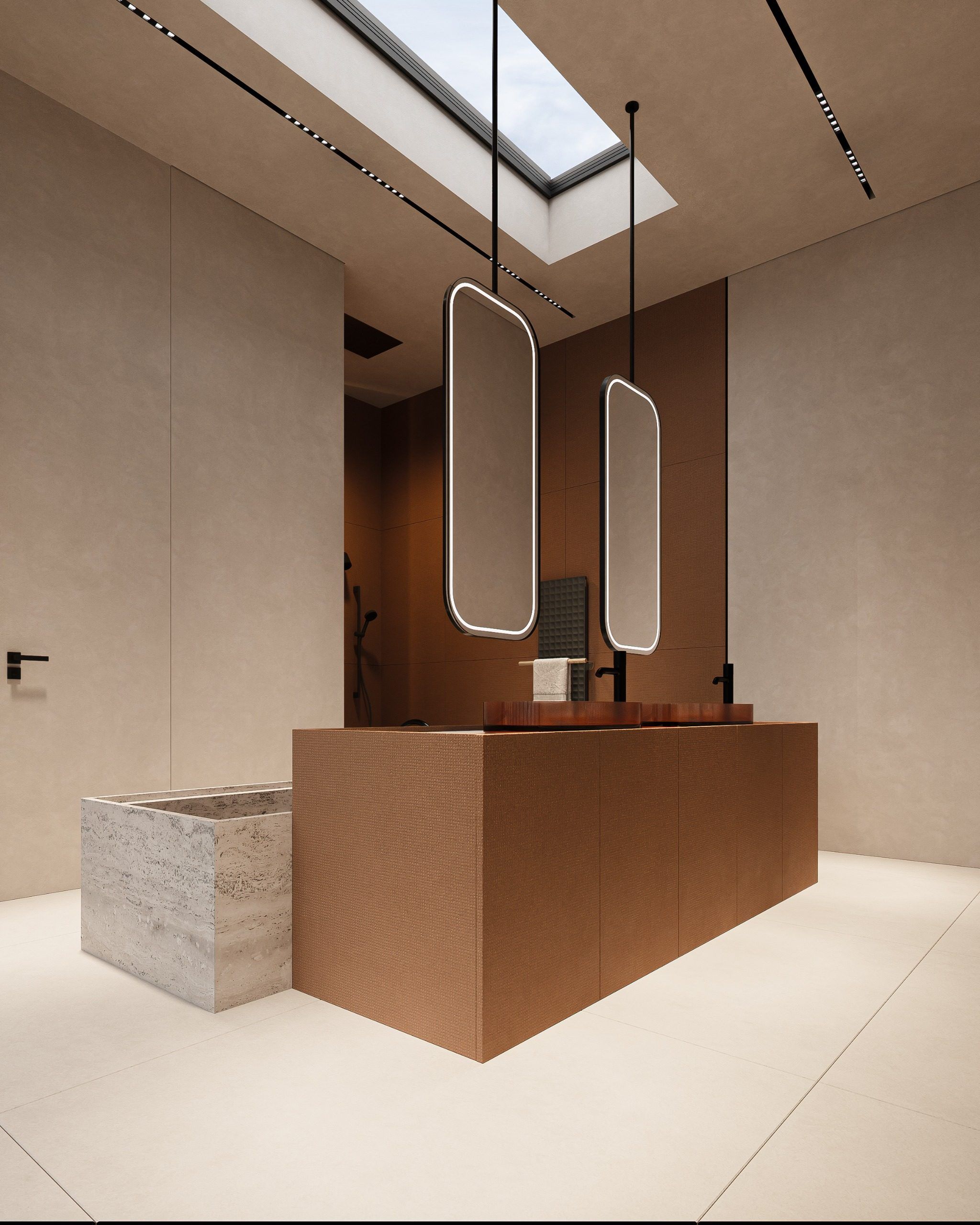 Administrative area with brown cabinetry, oval mirrors and ceiling lighting