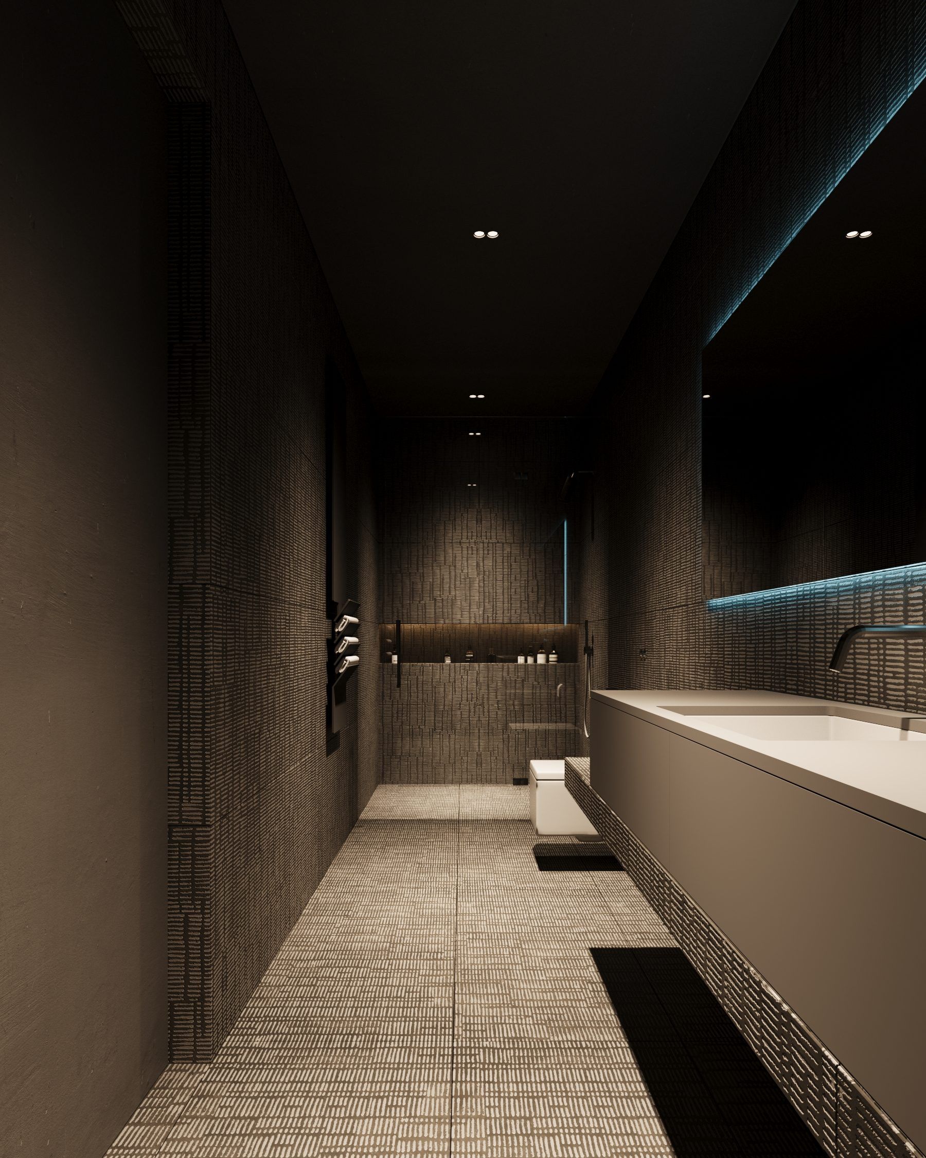 Extended bathroom with ceramic tiling and LED strip