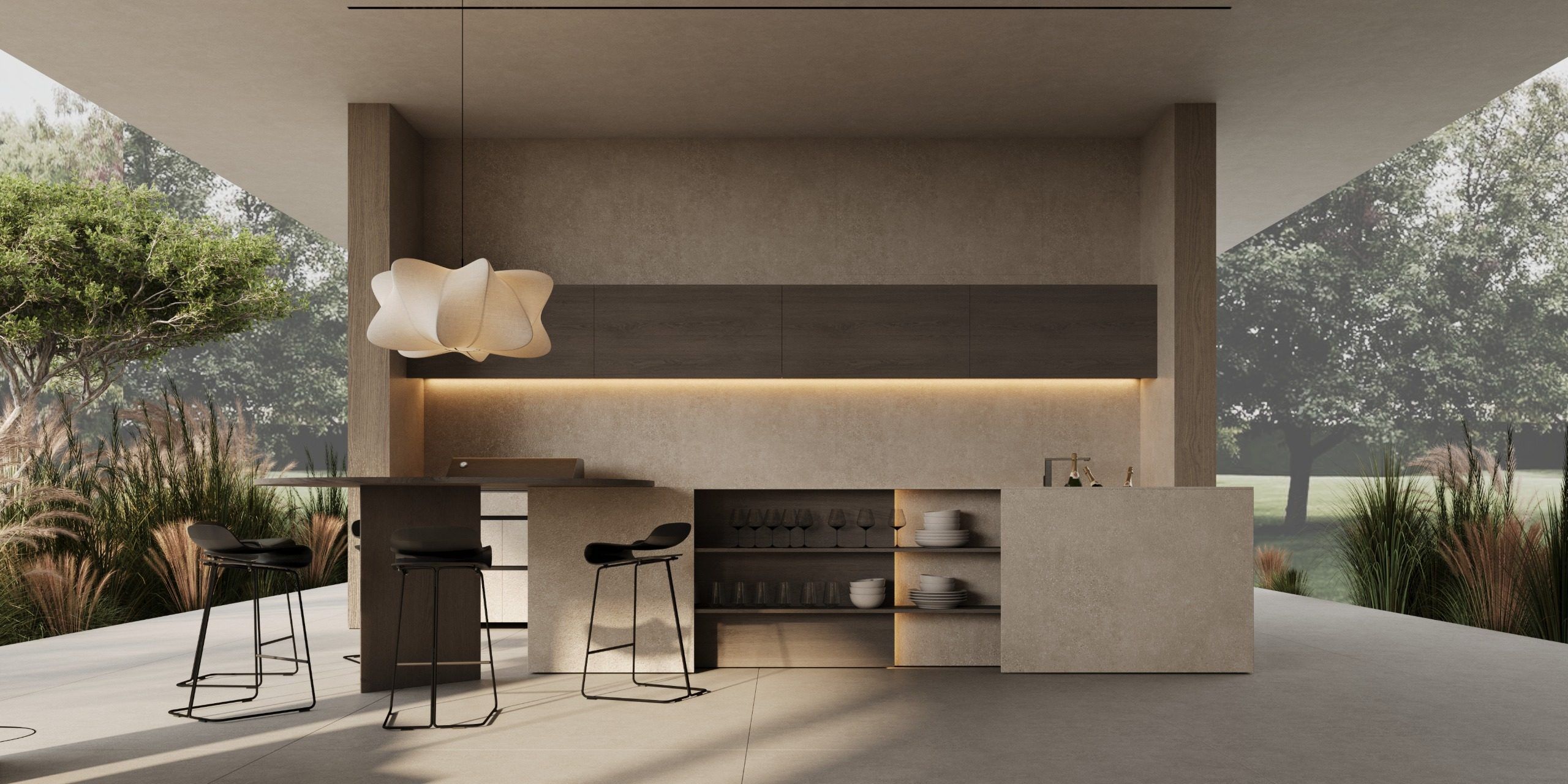 Kitchen with integrated shelving, white counter and black bar seating