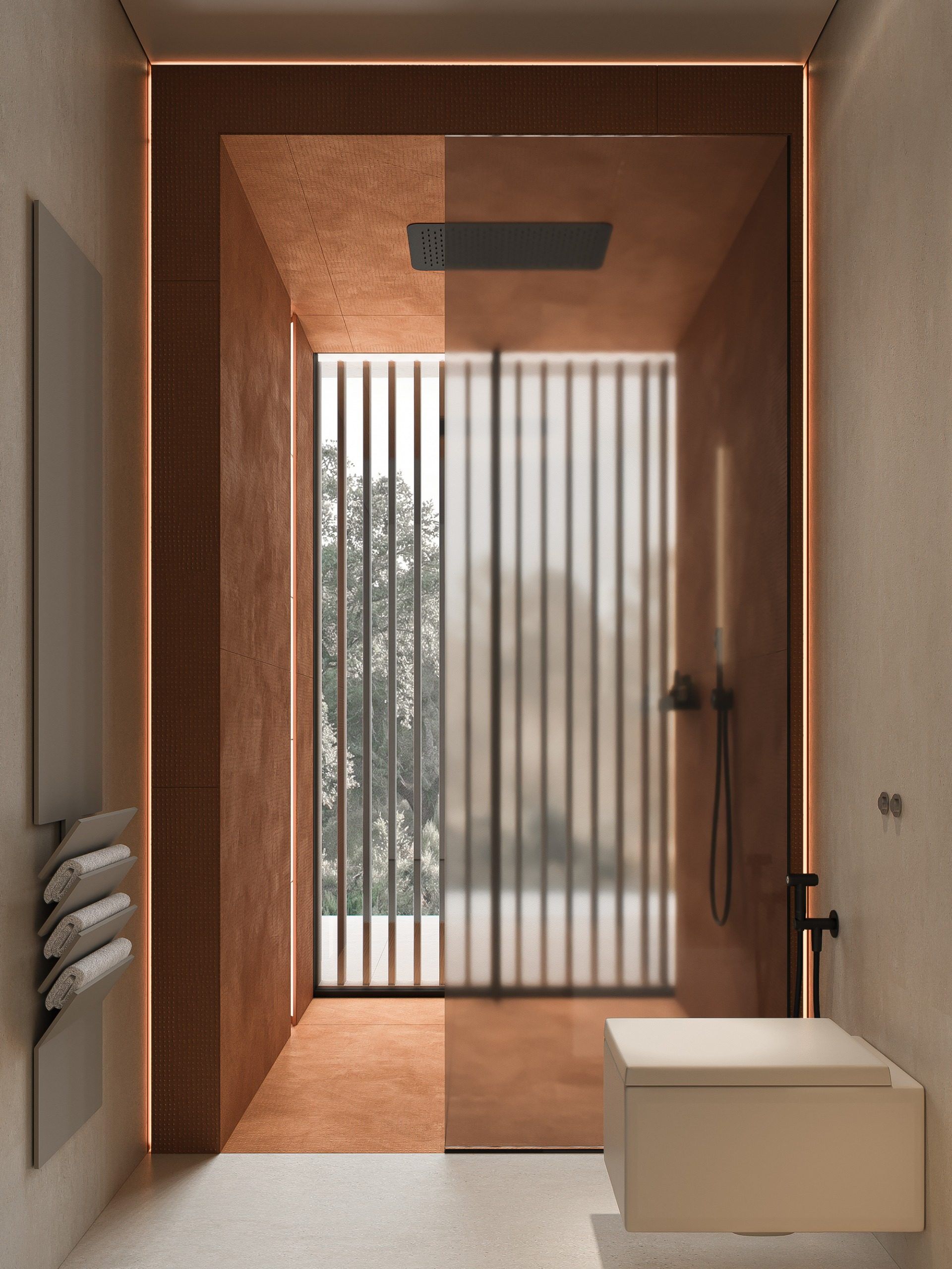 Entry passage with terracotta walls, white wooden screen and seating bench