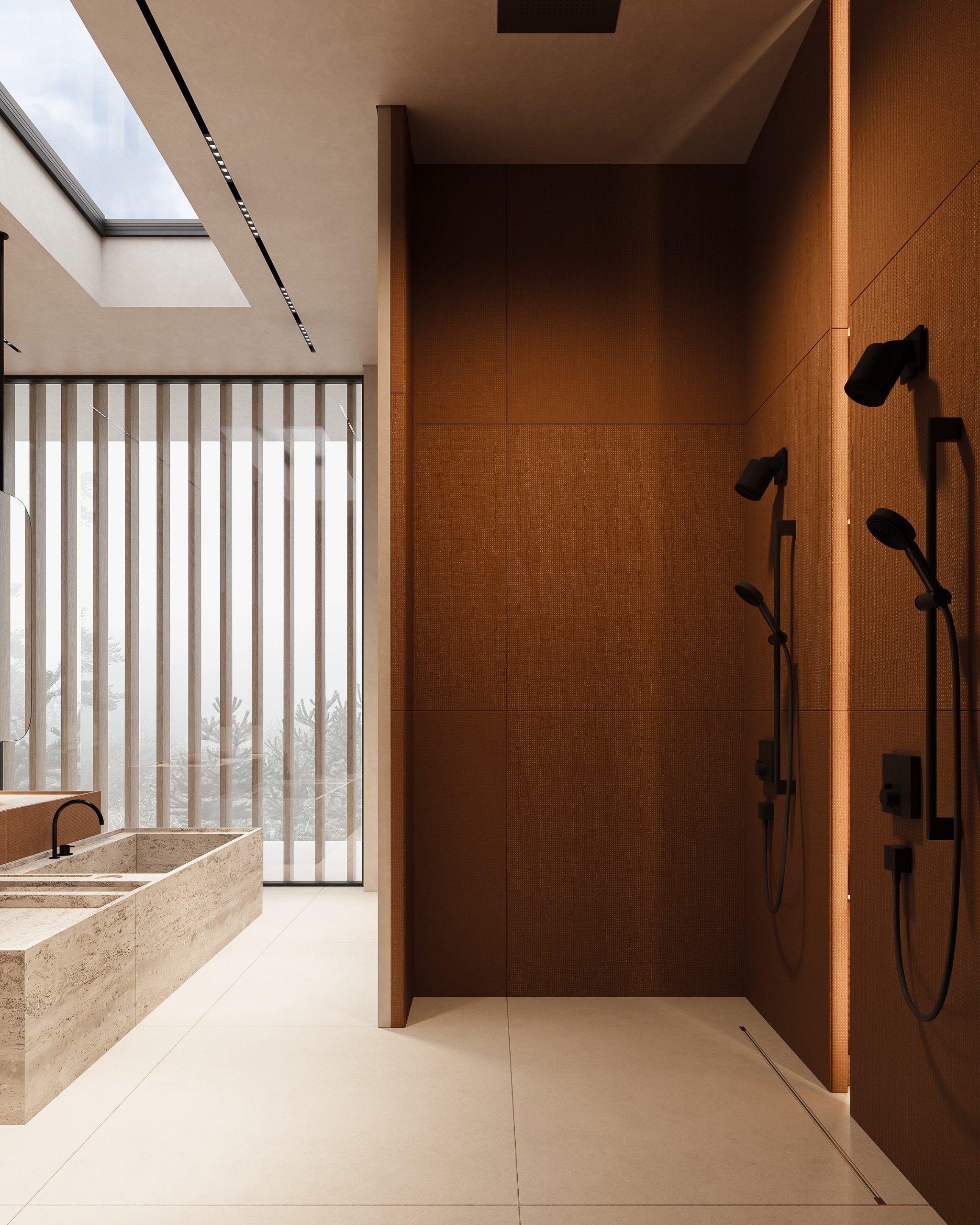 Bathroom with orange panel, natural light and bathtub