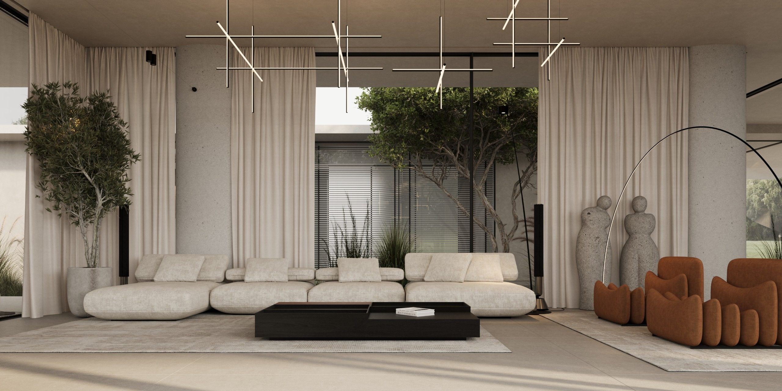 Spacious living room with white sofa, hanging plants and terracotta vessels