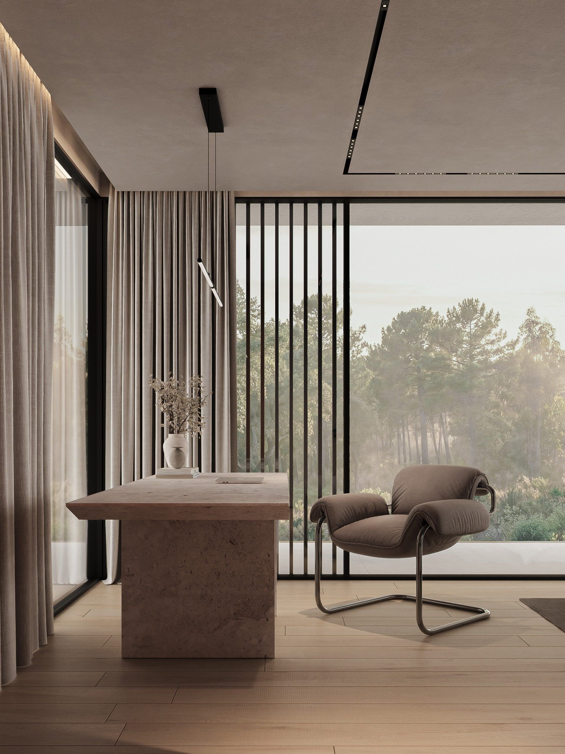 Living space with armchair, wooden screen and forest view through expansive window