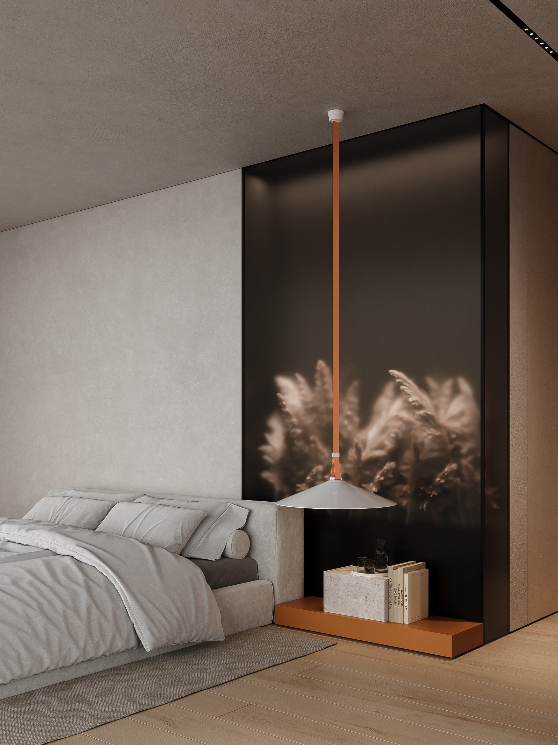 Bedroom with bed beside niche featuring pampas grass and copper pendant light