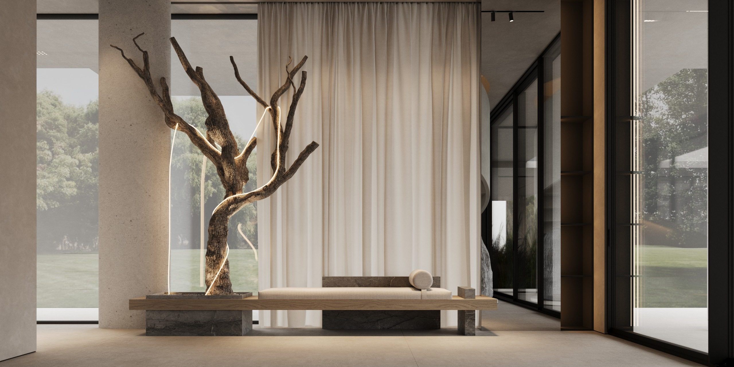 Living room with dried branch arrangement, panoramic glazing, dense curtains