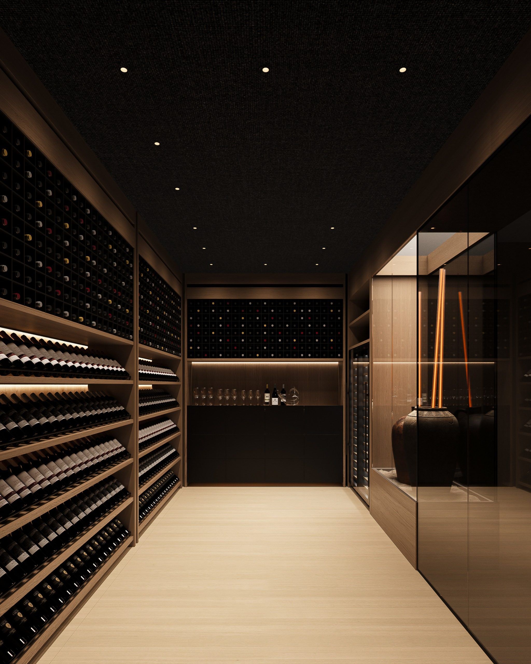 Spacious wine storage with shelving on both sides and LED lighting