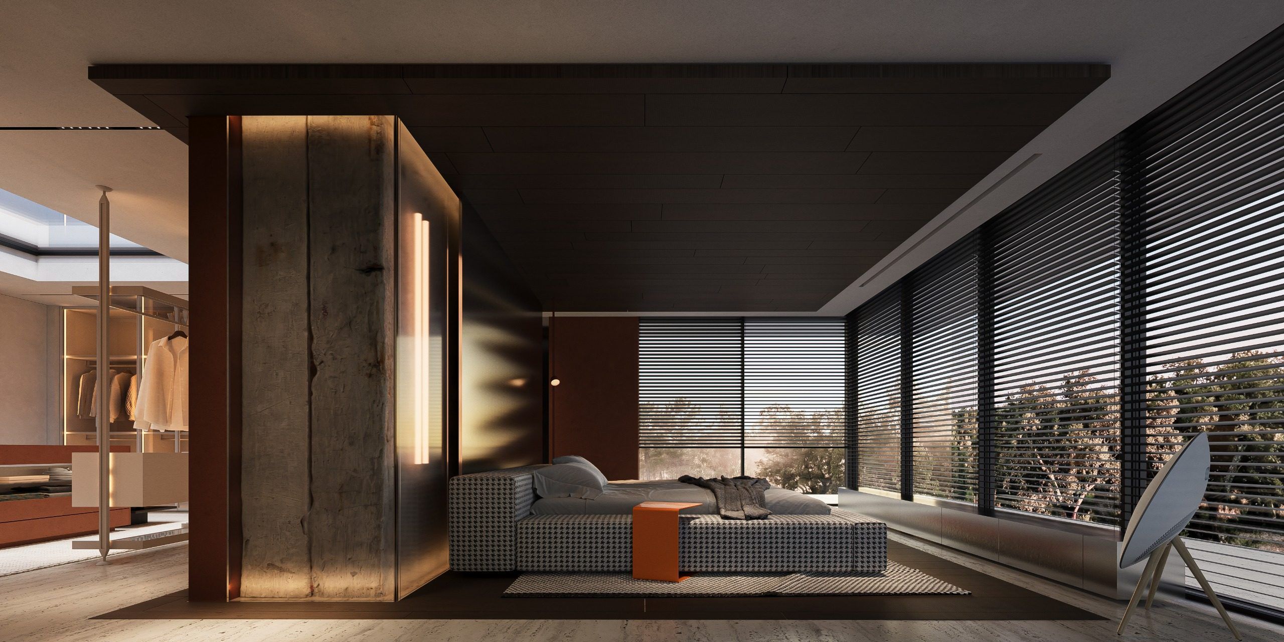 Bedroom with timber, dark ceiling and panoramic window views