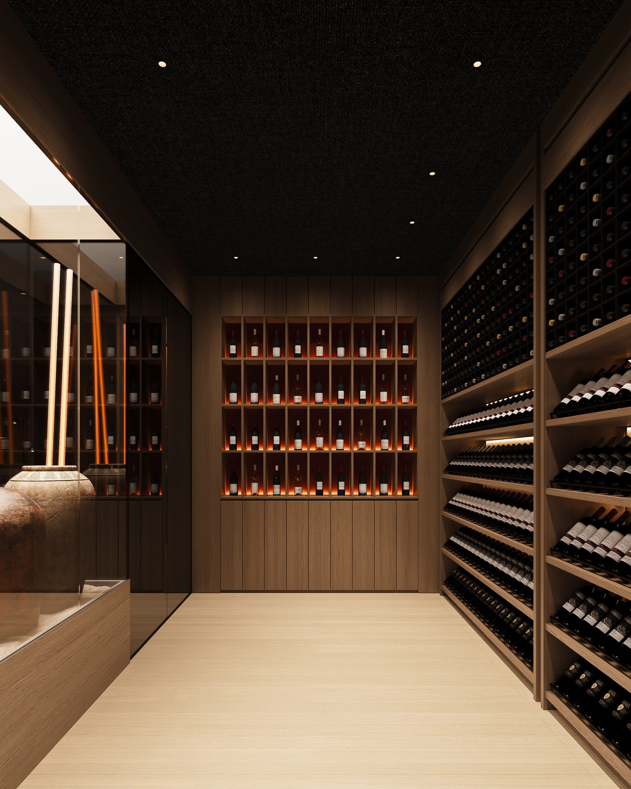 Wine cellar with wooden shelving and integrated lighting