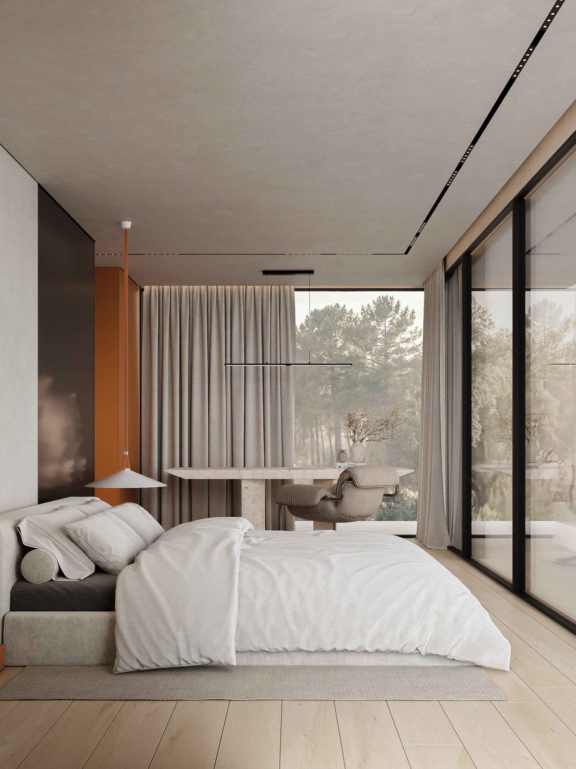Bedroom with bed, seating area by window and textured accent wall with wood detail