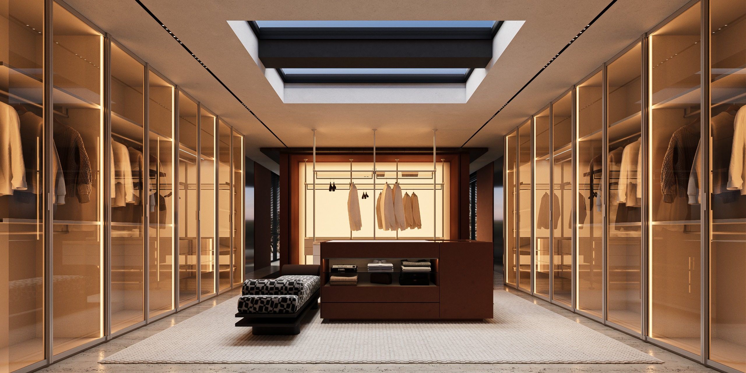 Dressing room with wooden doors and integrated lighting