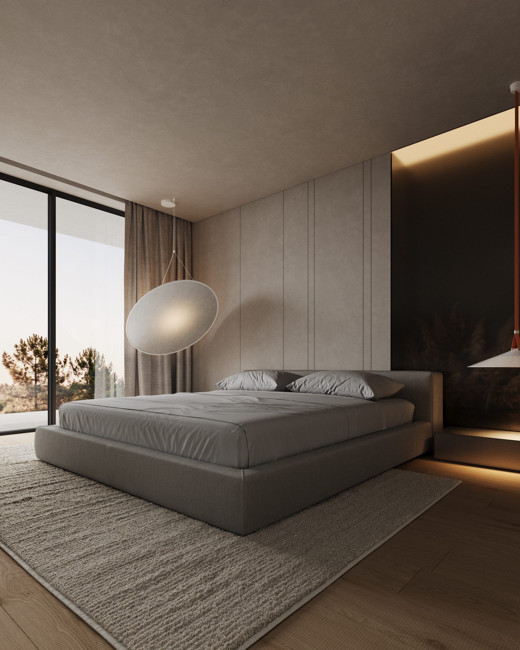 Bedroom with bed, paneled wall feature and dual pendant lights at varying heights