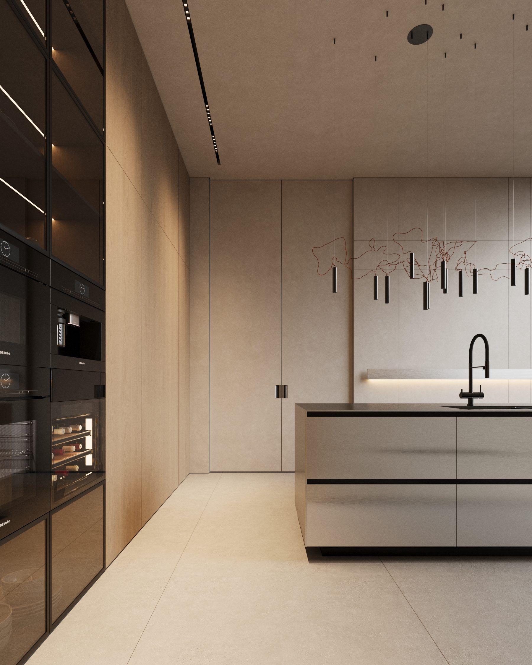 Open-plan kitchen with black built-in appliances, concrete surfaces