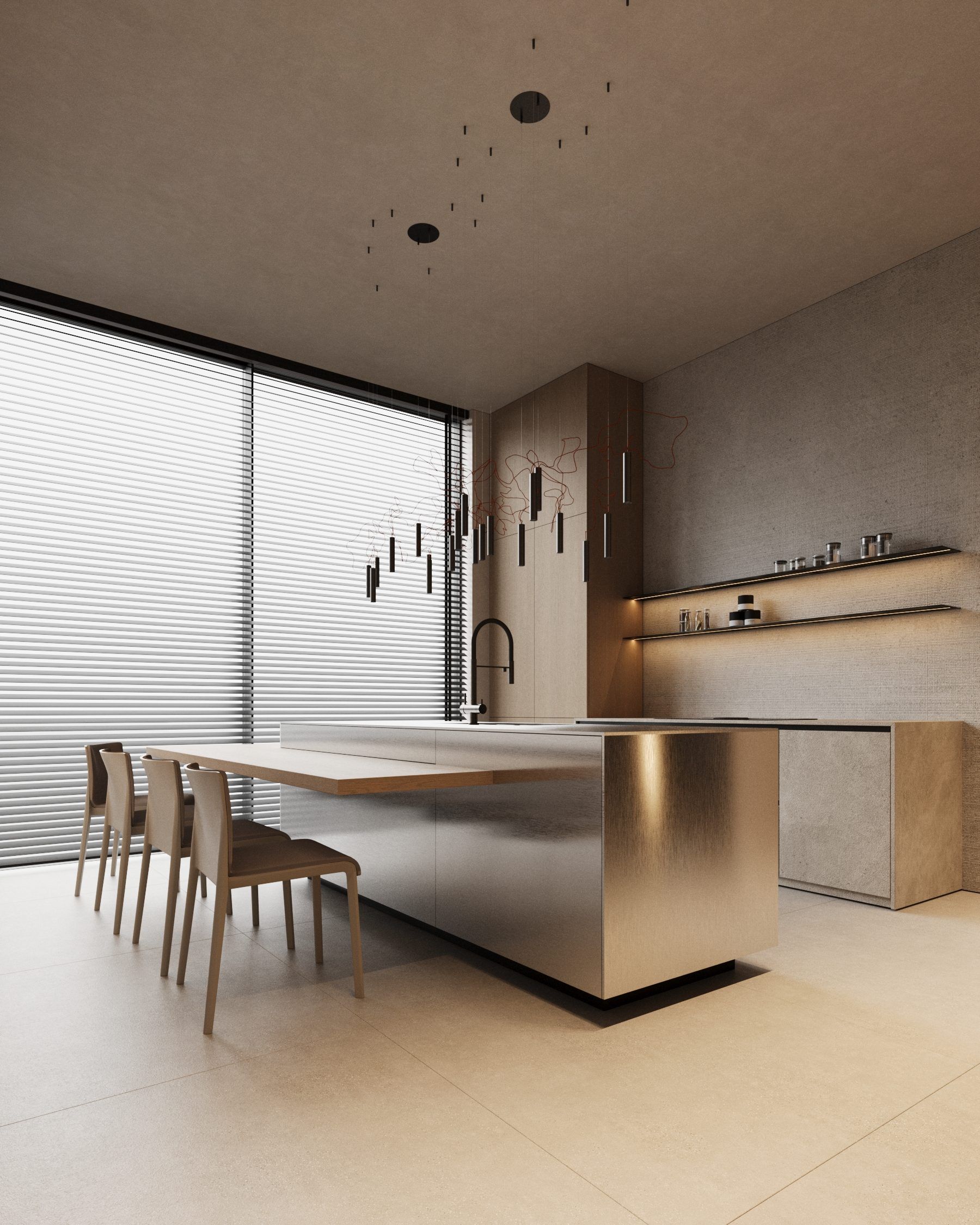 Dining area with pendant lights and wooden furnishings
