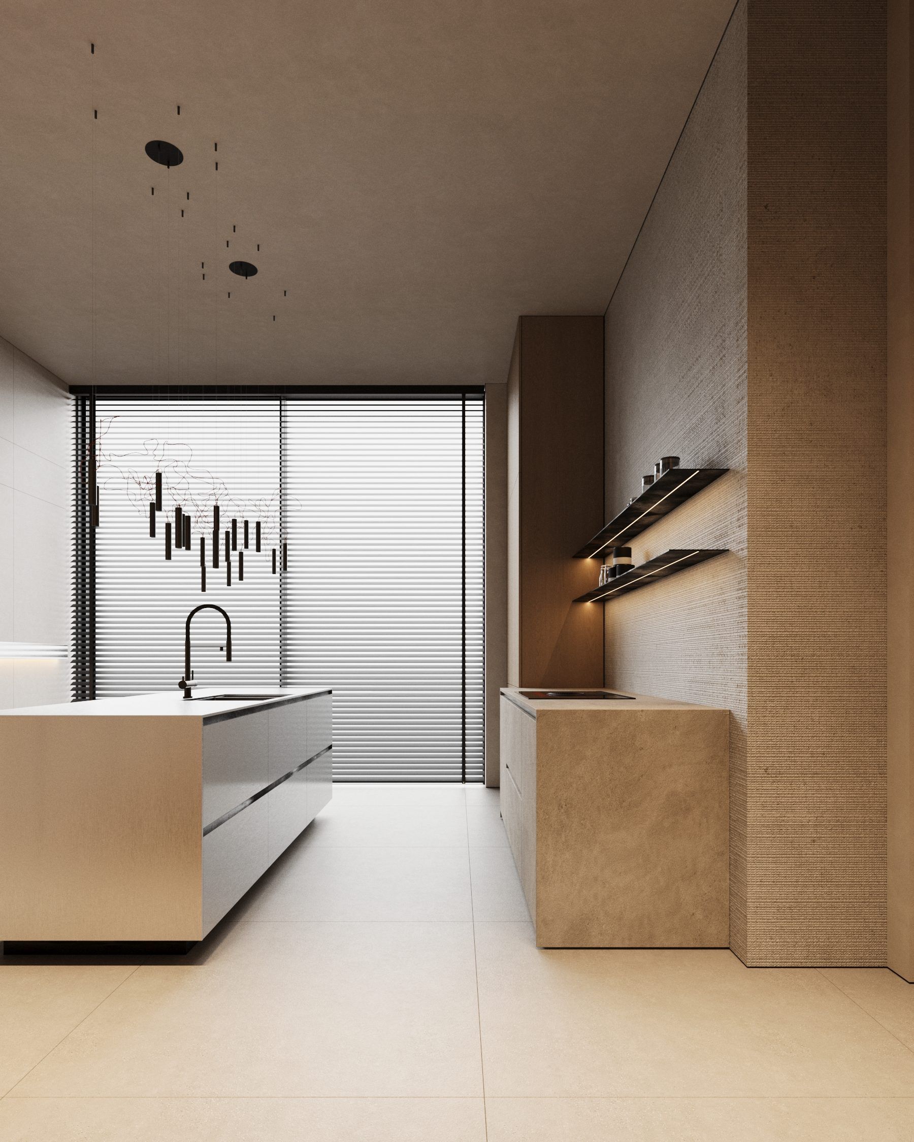 Kitchen space with minimalist fronts and window with blinds