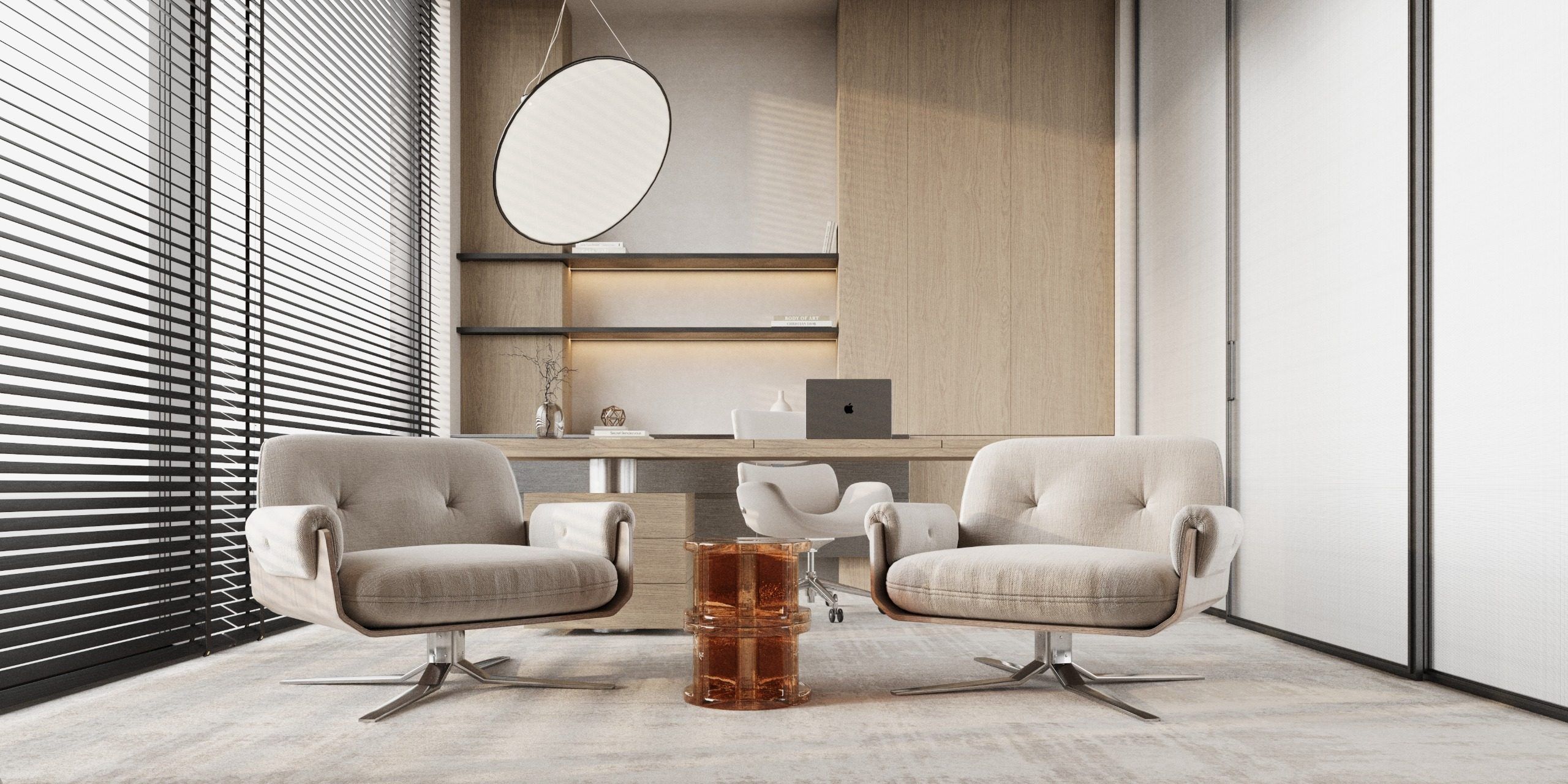 Living room with cream armchairs, pendant light and wooden panels