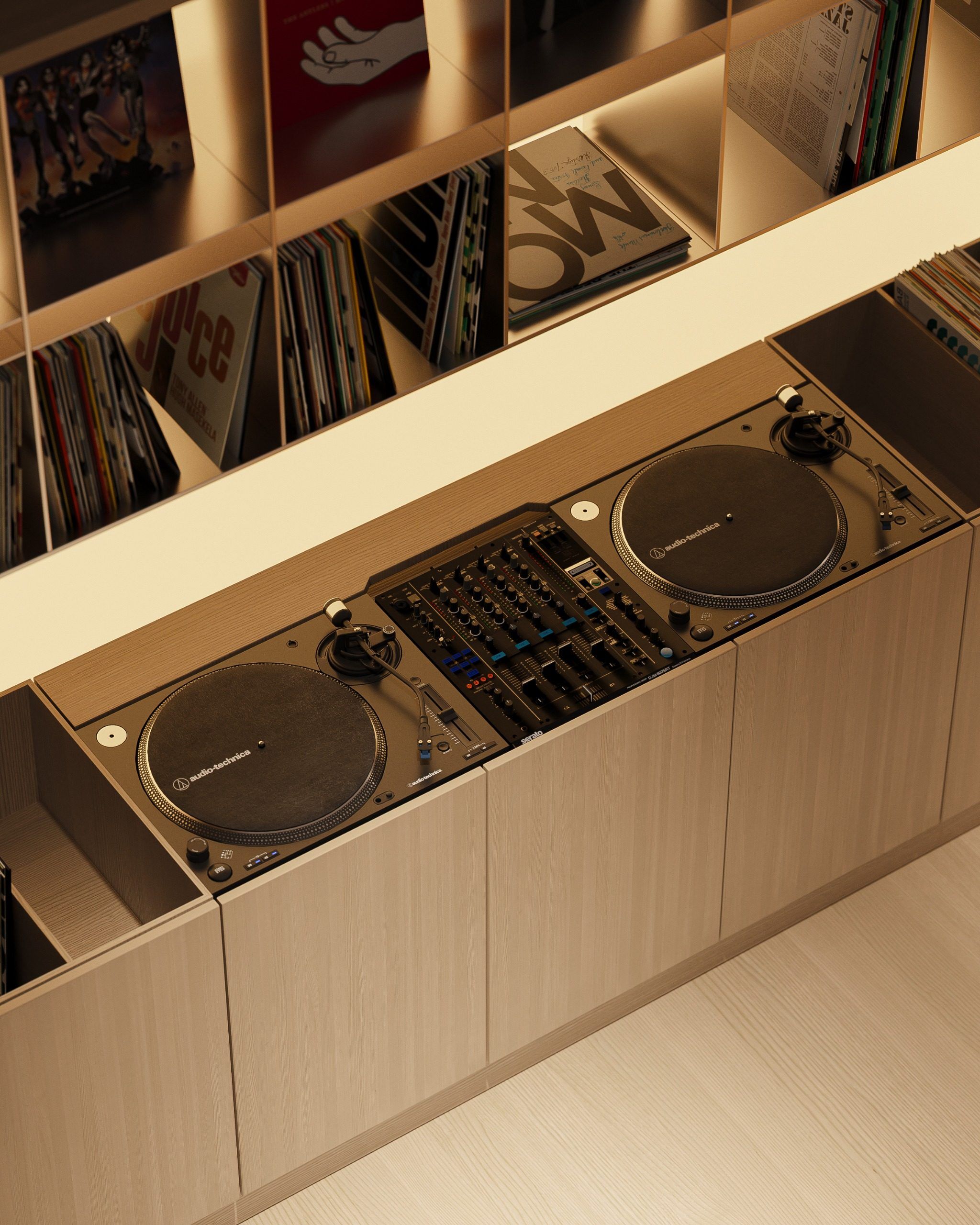 Open drawer featuring vinyl records and DJ turntables