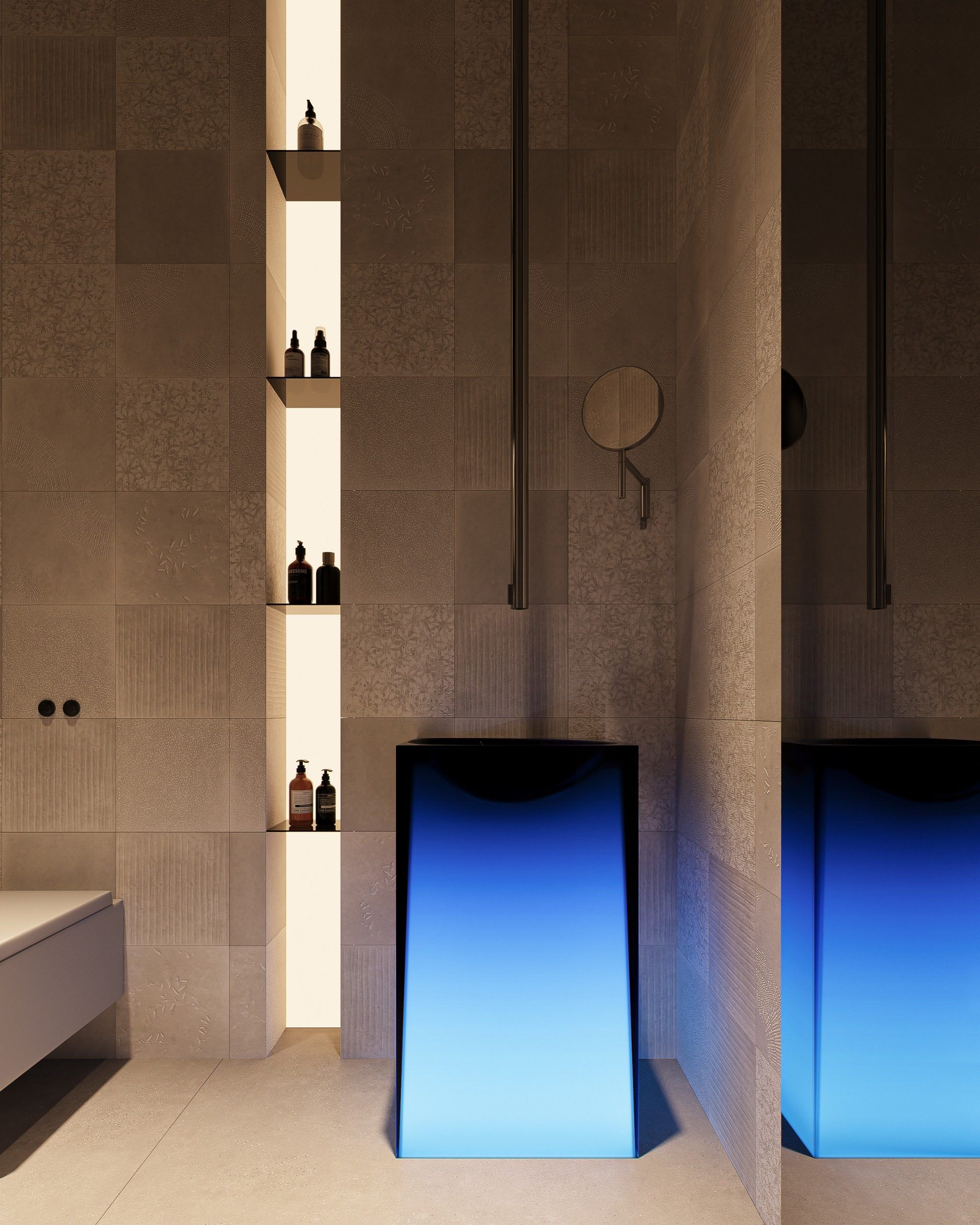 Bathroom with vertical storage niches and blue accent lighting