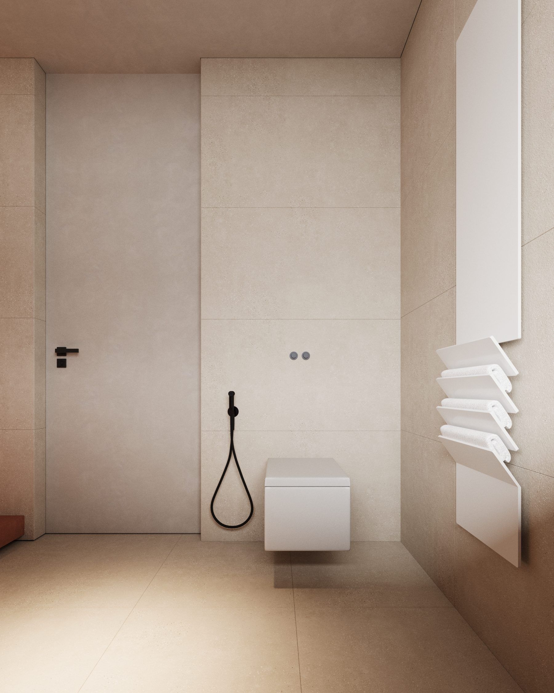 Minimalist bathroom with white tiles and suspended accessories