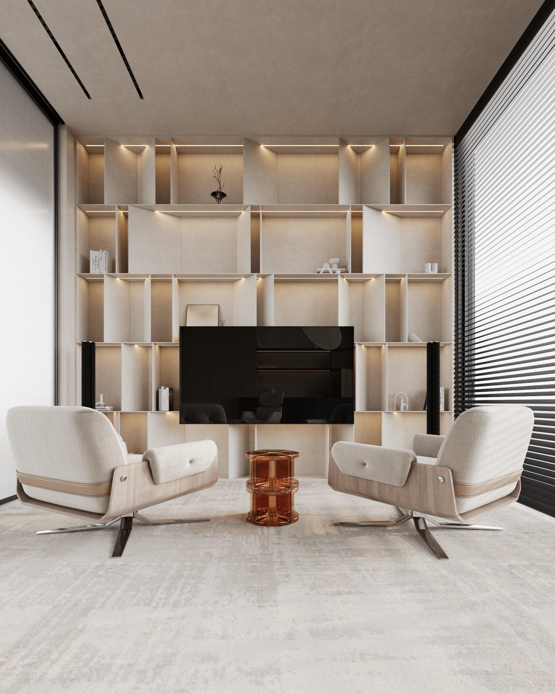 Living room with built-in shelving, television and cream armchairs