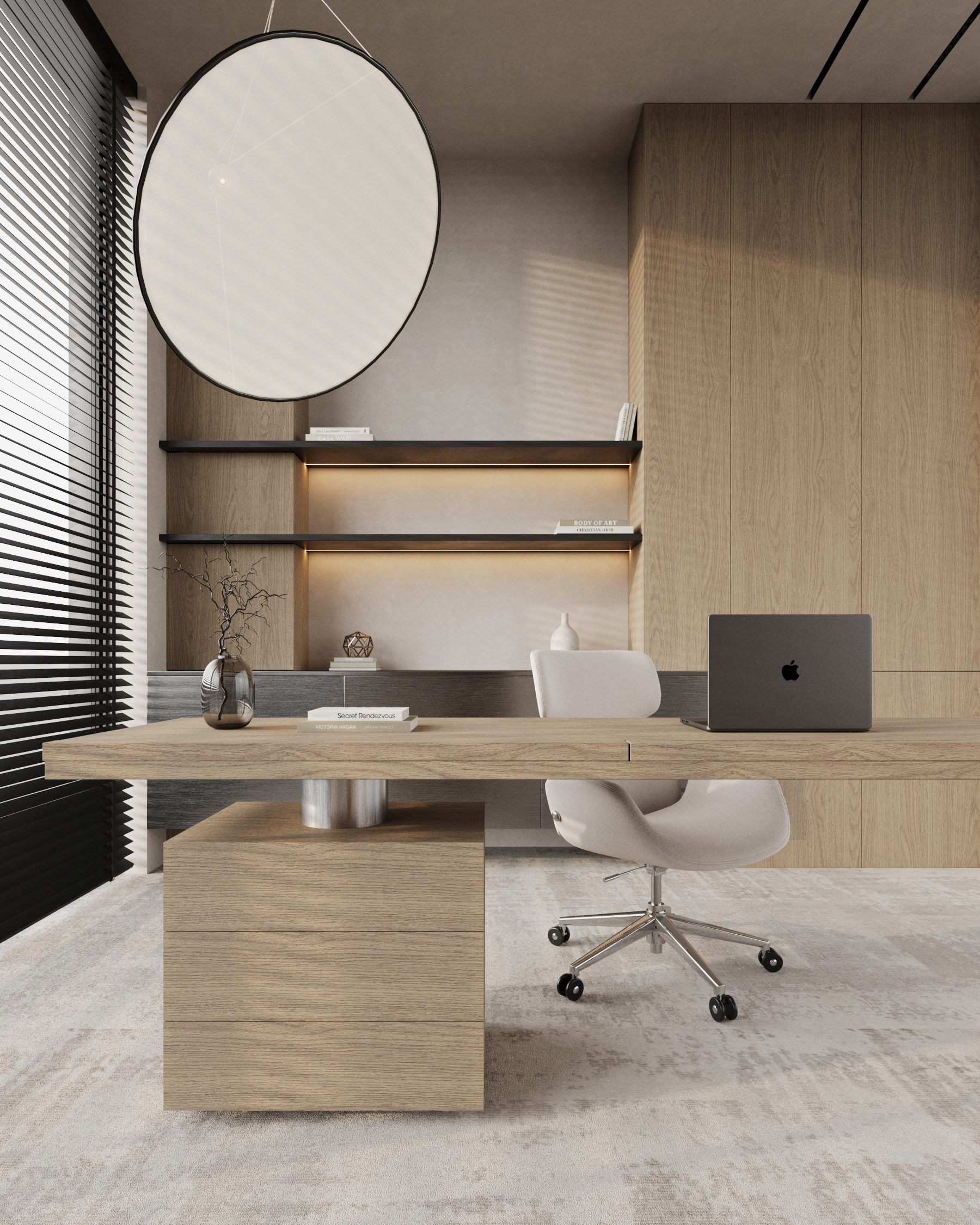Office with wooden desk, round mirror and built-in shelves