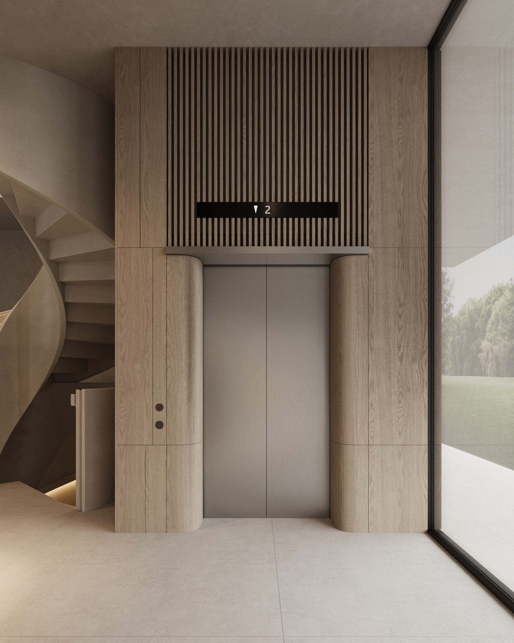 Elevator in wooden frame with vertical slats